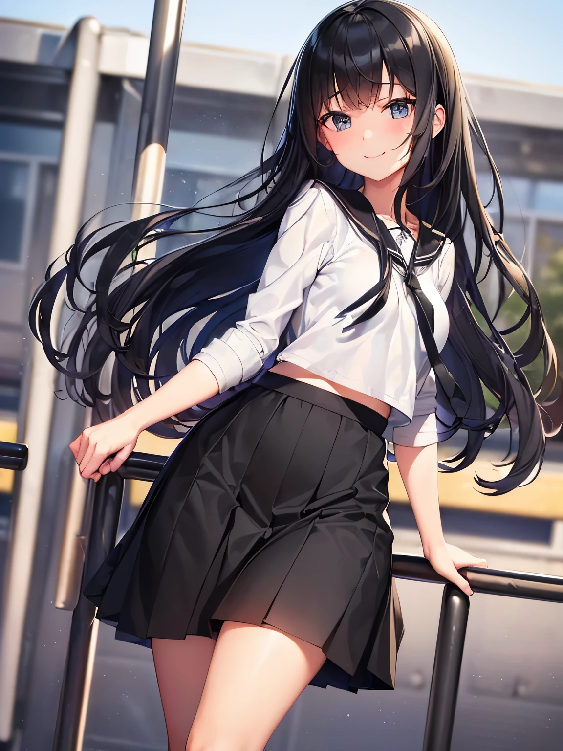 ((masutepiece, Best Quality)), ((hight resolution)), (photos realistic), Best Shadow, high detailing, Very detailed, (nice hand, Perfect hands), (Face Focus:1.2), ((1girl)), Beautiful Girl, 25 years old, blue eyes, (black long Hair:1.5), (small breasts:1.3), (Smile:1.3), Glossy white skin, (view from front:1.3), (Very slender:1.3), (Cute face:1.3), (look at viewer:1.4), detailed facial features,droopy eyes, Crisp focus, perfect beautiful body and face, Perfectly focused, (standing:1.4), Long bangs, (in the station:1.4), ((highschool girl:1.4)), ((black long skirt:1.3)), (smile)