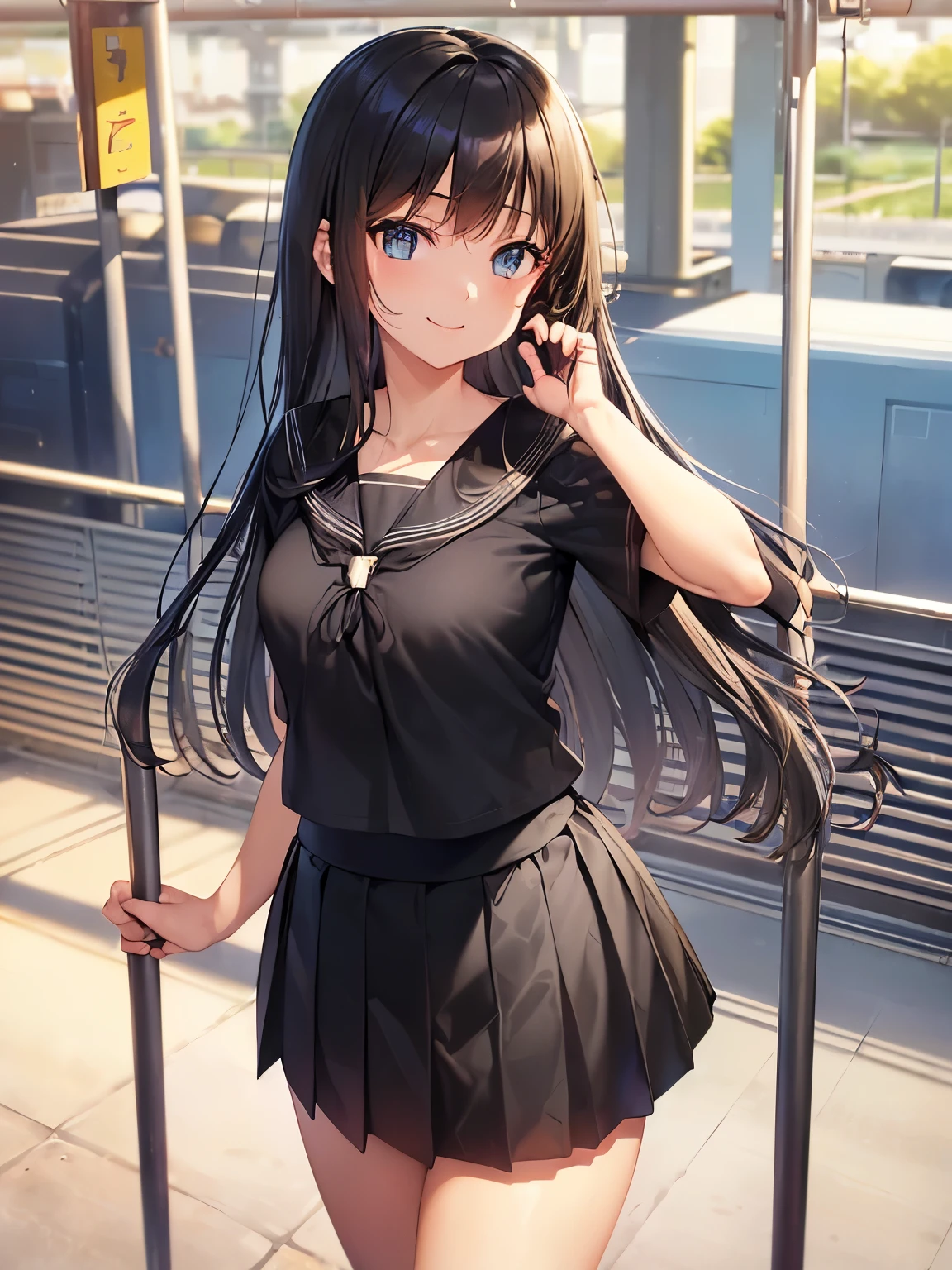 ((masutepiece, Best Quality)), ((hight resolution)), (photos realistic), Best Shadow, high detailing, Very detailed, (nice hand, Perfect hands), (Face Focus:1.2), ((1girl)), Beautiful Girl, 25 years old, blue eyes, (black long Hair:1.5), (small breasts:1.3), (Smile:1.3), Glossy white skin, (view from front:1.3), (Very slender:1.3), (Cute face:1.3), (look at viewer:1.4), detailed facial features,droopy eyes, Crisp focus, perfect beautiful body and face, Perfectly focused, (standing:1.4), Long bangs, (in the station:1.4), ((highschool girl:1.4)), ((black long skirt:1.3)), (smile)