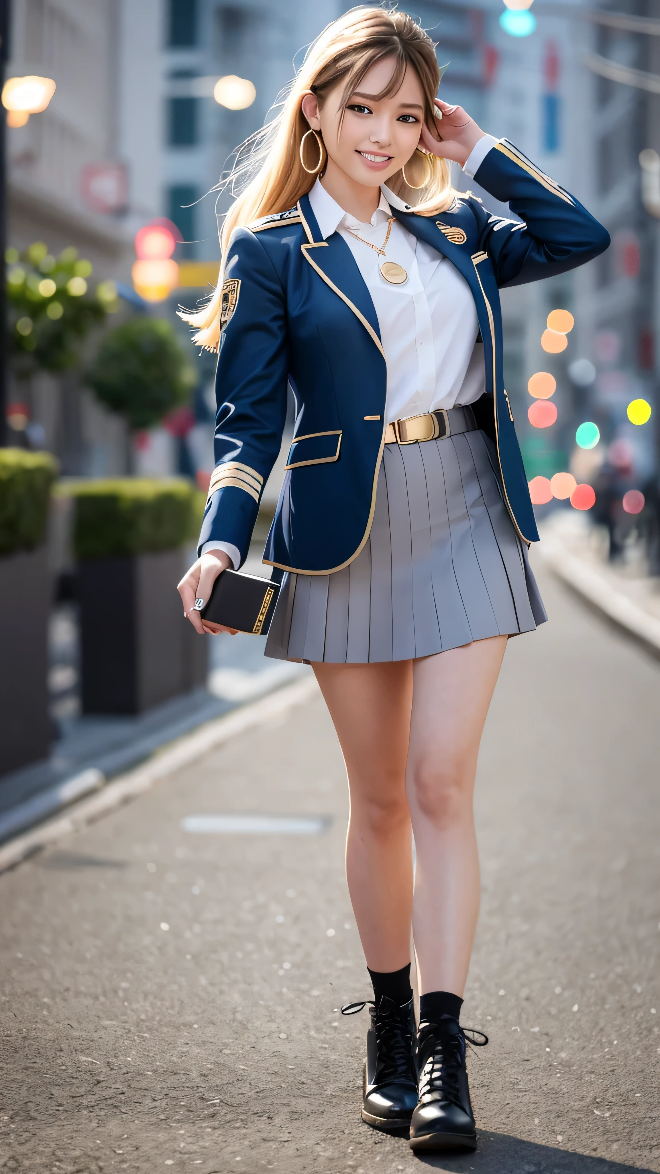 highest quality、masterpiece、ultra high resolution、(Photoreal:1.4)、Raw photo、1 girl、blonde、Full body Esbian、big breasts、Extremely exposed breasts、erotic look、Gargantilla、double eyelid、loose perm、medium long hair、school uniform、((gold necklace_Large earrings:1.2)),((shy smile:1.3)),(stewardess,flight attendant uniform, tight miniskirt, white