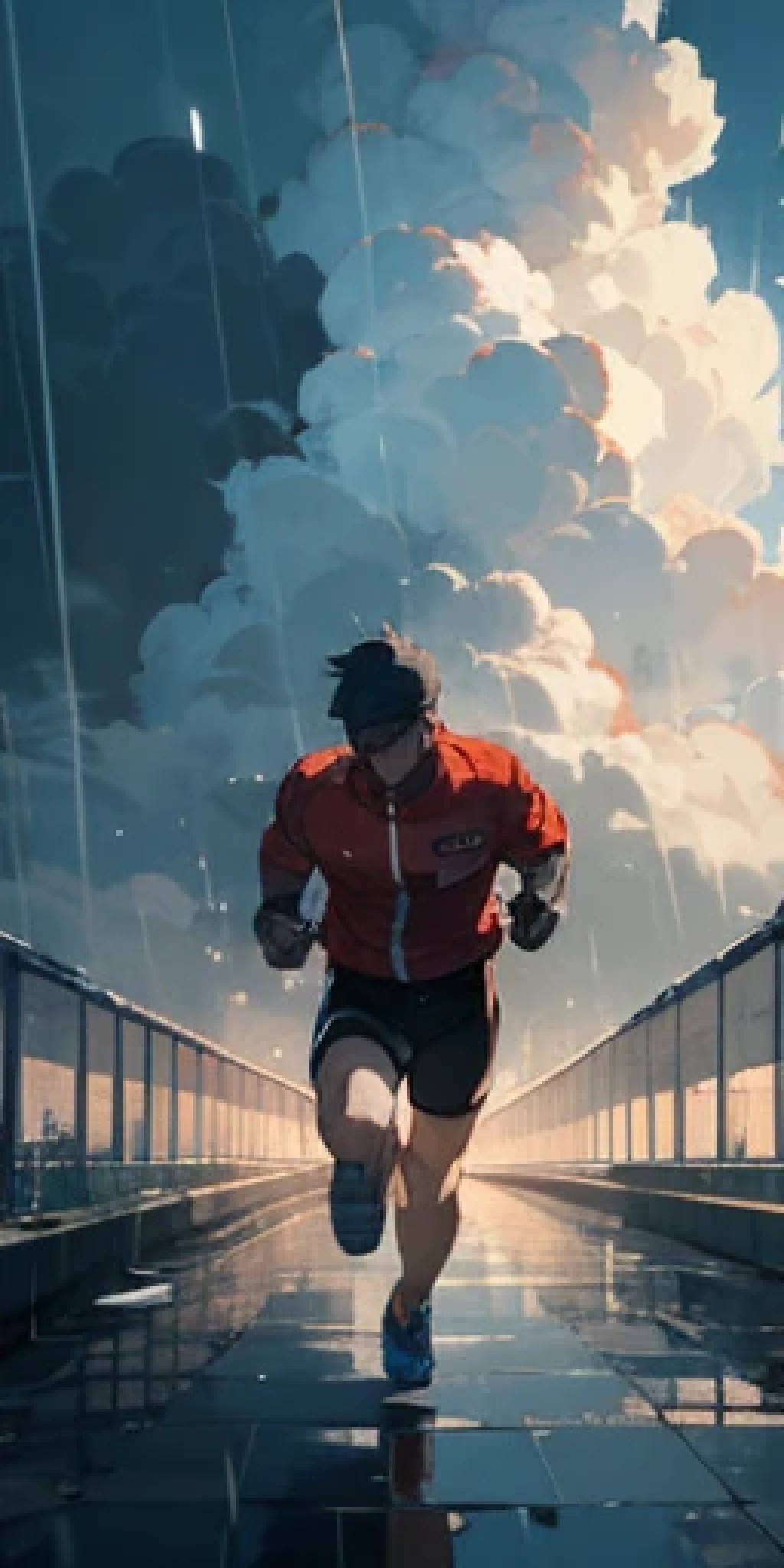 1boy, fat, running, from front, cloudy_sky, raining, rain, masterpiece, best quality, aesthetic