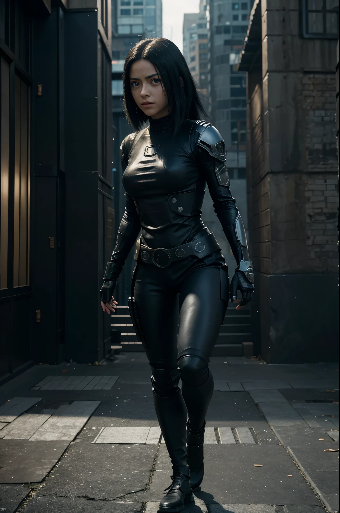 Cinematic, full body shot, Alita from movie Alita Battle Angel, Highly detailed, fighting pose, spot lighting, hard textures, imaginative artwork, city background, full body, rule of thirds, high quality, high detail
