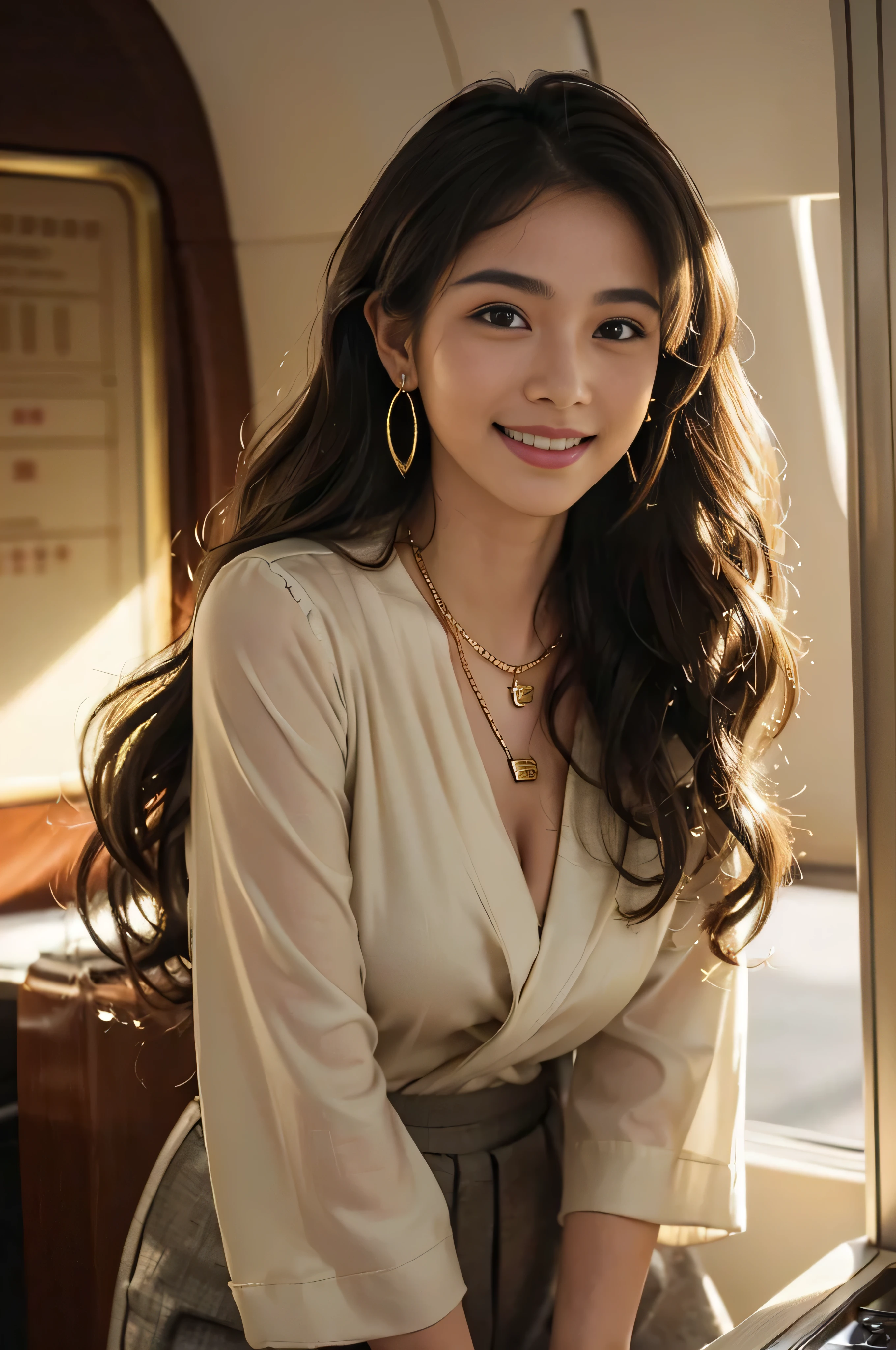((beautiful a girl:1.3))((Thin_fabric:1.4))((I'm working:1.3))((face is flushed、hair is loosely curled:1.2,ikun:1.4))((big breasts:1.2))((Close-up:1.2)) highest quality、muste piece、ultra high resolution、(photorealistic:1.4)、Raw photo、(real skin texture:1.3)、(film grain:1.3)、panorama、character portrait、Very wide shot、narrow waist、cowboy shot、(in the dark、deep shadow、low key、cold light、)night、((loosely wavy hair:1.2))、Streaming Tears、、Dust、Tyndall effect、(expression)、1 girl in、beautiful detailed eyes and face、white jabot、brown eyes、((brown super long hair:1.2)) (smile:1.3))、(stewardess、flight attendant uniform、tight mini skirt、white、(inside a private jet、indoor、super detailed background:1.2)、((a shy smile:1.3))、((gold necklace_large earrings:1.2)),
