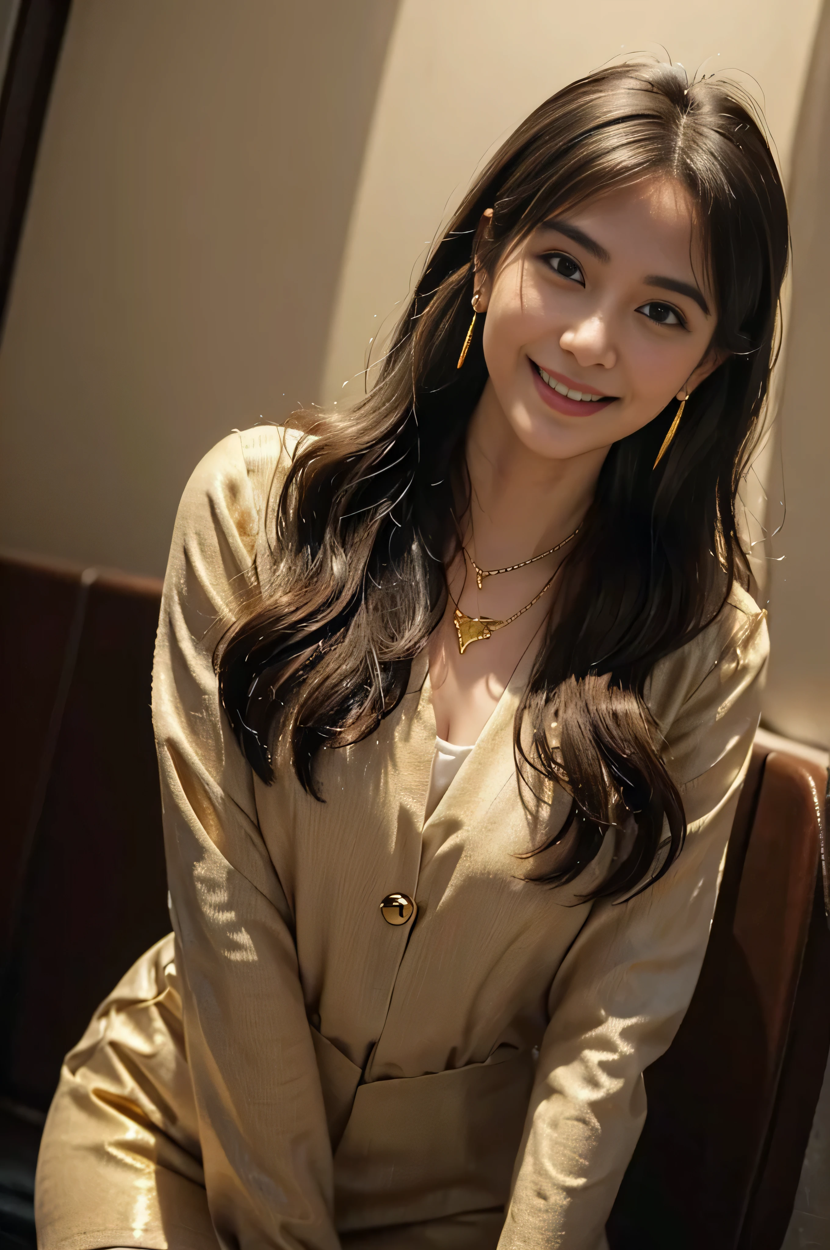 ((beautiful a girl:1.3))((Thin_fabric:1.4))((I'm working:1.3))((big breasts:1.2))((Close-up:1.2)) highest quality、muste piece、ultra high resolution、(photorealistic:1.4)、Raw photo、(real skin texture:1.3)、(film grain:1.3)、panorama、character portrait、Very wide shot、narrow waist、cowboy shot、(in the dark、deep shadow、low key、cold light、)night、((loosely wavy hair:1.2))、Streaming Tears、、Dust、Tyndall effect、(expression)、1 girl in、beautiful detailed eyes and face、white jabot、brown eyes、((brown super long hair:1.2)) (smile:1.3))、(stewardess、flight attendant uniform、tight mini skirt、white、(inside a private jet、indoor、super detailed background:1.2)、((a shy smile:1.3))、((gold necklace_large earrings:1.2)),