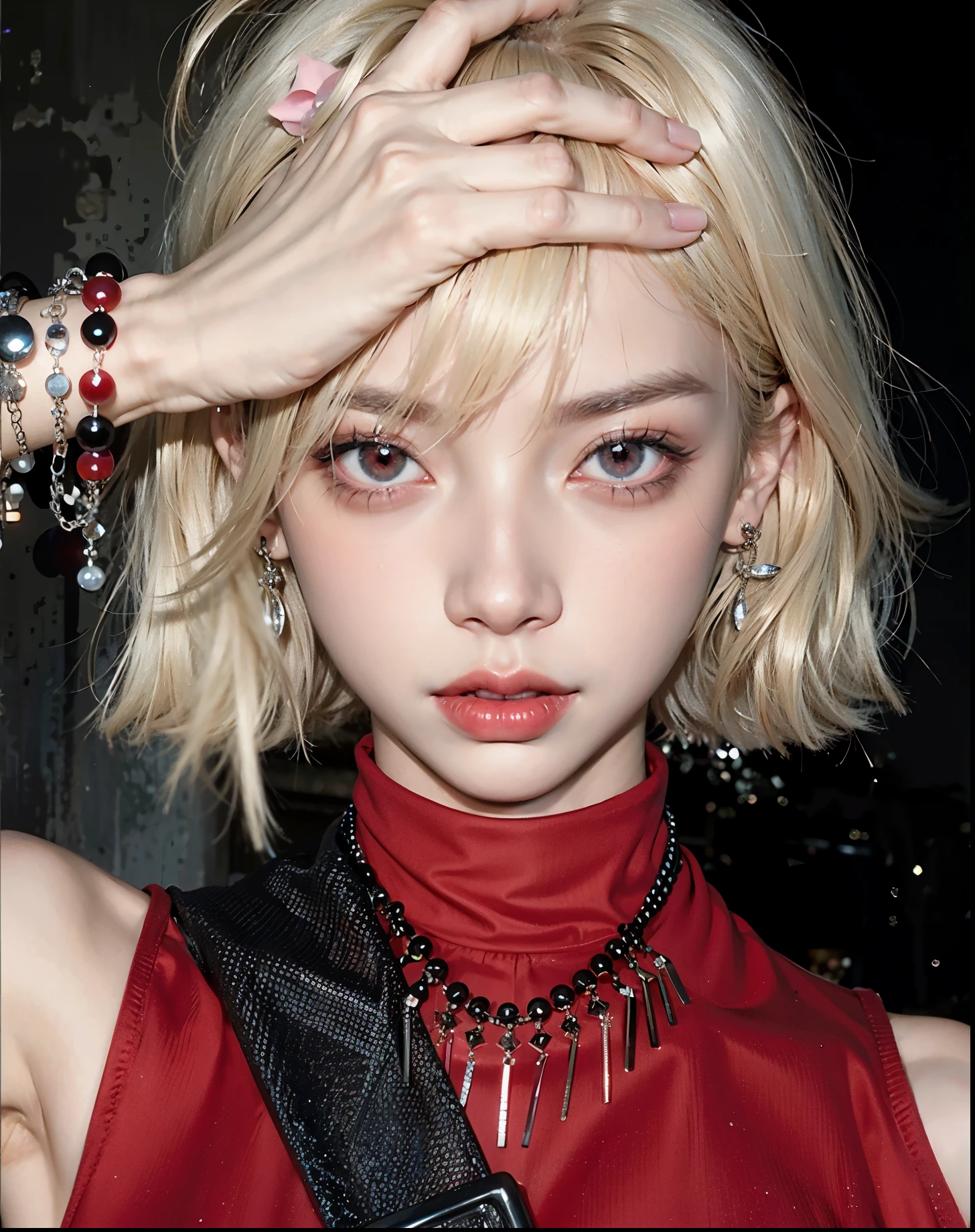 blond woman with a red top and black choker and red necklace, cruel korean goth girl, cat - like scarlet eyes, red eyes and a slim face, anime girl in real life, ulzzang, girl with short white hair, with glowing red eyes, portrait a woman like reol, kim doyoung, with short hair, blonde hair and large eyes