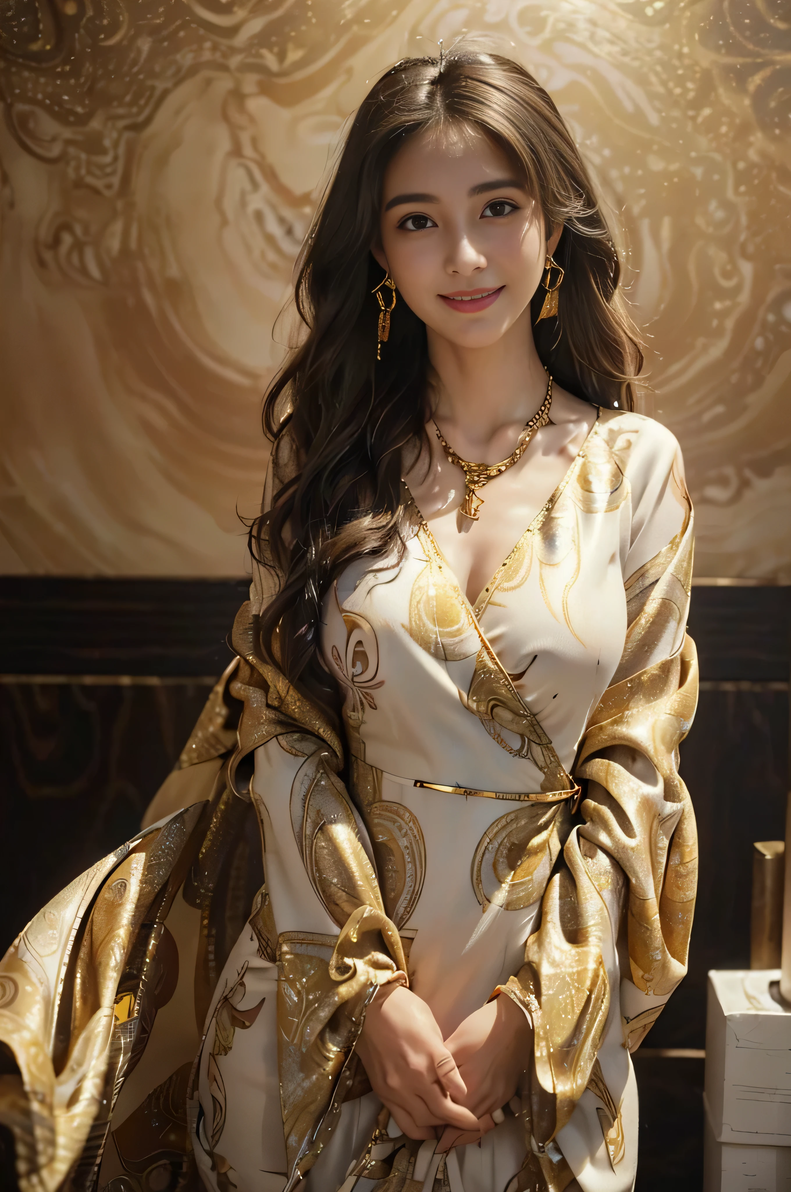 ((beautiful a girl:1.3))((Thin_fabric:1.4))((I'm working:1.3))((big breasts:1.2))((Close-up:1.2)) highest quality、muste piece、ultra high resolution、(photorealistic:1.4)、Raw photo、(real skin texture:1.3)、(film grain:1.3)、panorama、character portrait、Very wide shot、narrow waist、cowboy shot、(in the dark、deep shadow、low key、cold light、)night、((loosely wavy hair:1.2))、Streaming Tears、、Dust、Tyndall effect、(expression)、1 girl in、beautiful detailed eyes and face、white jabot、brown eyes、((brown super long hair:1.2)) (smile:1.3))((a shy smile:1.3))、((gold necklace_large earrings:1.2)),(((abstract printed dresses_long sleeve_wrap dress:1.3)))