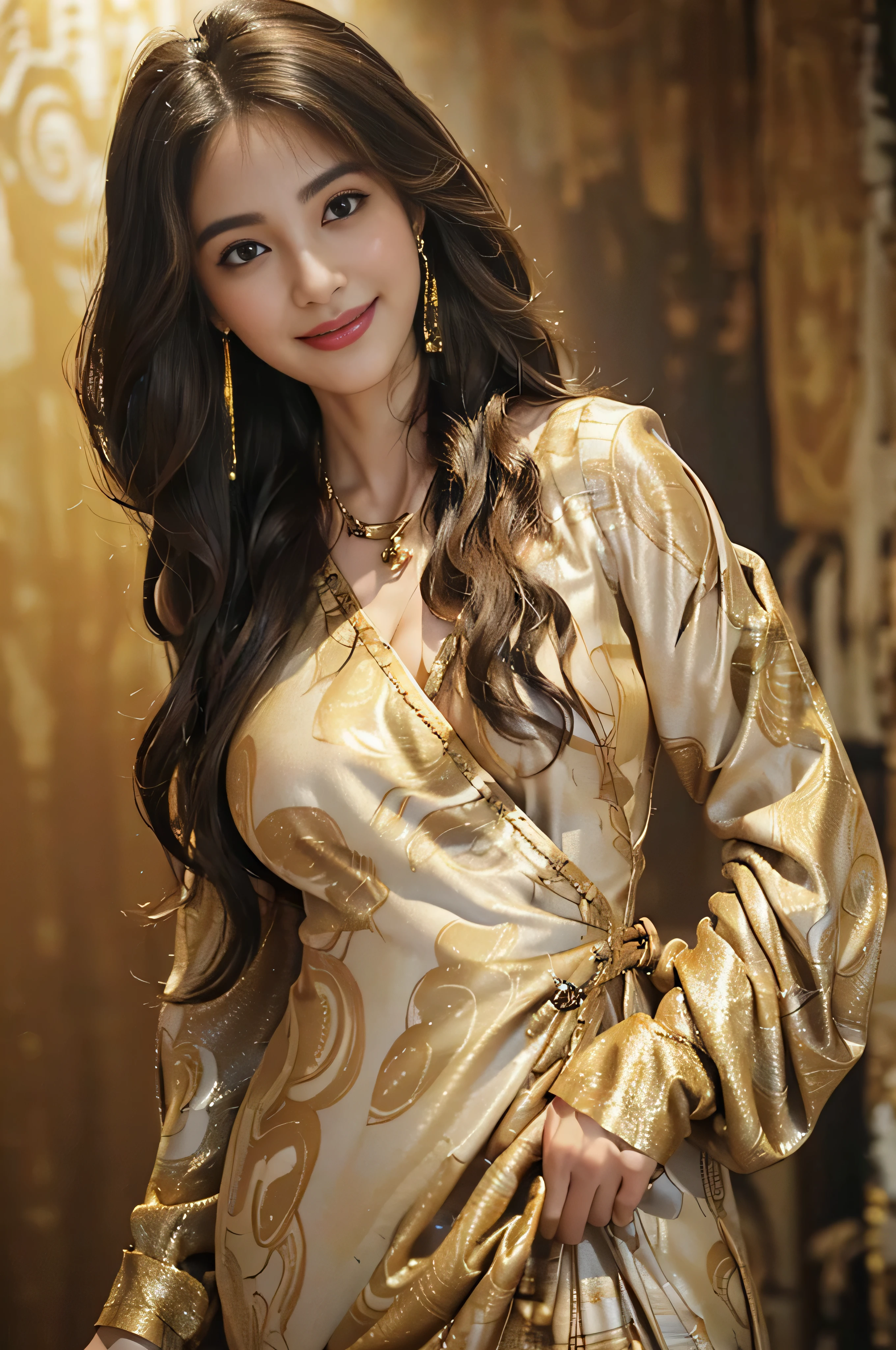 ((beautiful a girl:1.3))((Thin_fabric:1.4))((I'm working:1.3))((big breasts:1.2))((Close-up:1.2)) highest quality、muste piece、ultra high resolution、(photorealistic:1.4)、Raw photo、(real skin texture:1.3)、(film grain:1.3)、panorama、character portrait、Very wide shot、narrow waist、cowboy shot、(in the dark、deep shadow、low key、cold light、)night、((loosely wavy hair:1.2))、Streaming Tears、、Dust、Tyndall effect、(expression)、1 girl in、beautiful detailed eyes and face、white jabot、brown eyes、((brown super long hair:1.2)) (smile:1.3))((a shy smile:1.3))、((gold necklace_large earrings:1.2)),(((abstract printed dresses_long sleeve_wrap dress:1.3)))