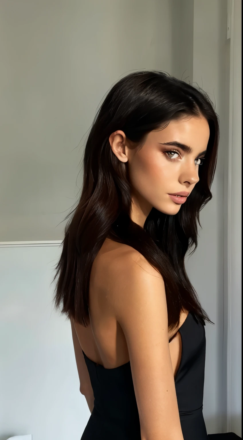 a black and white photo of a woman in a dress, yael shelbia, black tie, very long black/red hair, beautiful feminine body, thin lustrous long dark hair, androgynous vampire, deep dark blue, very thin, runway, very pale, uniquely beautiful, back slit, cutout, bright flare, ellie bamber, krysten ritter