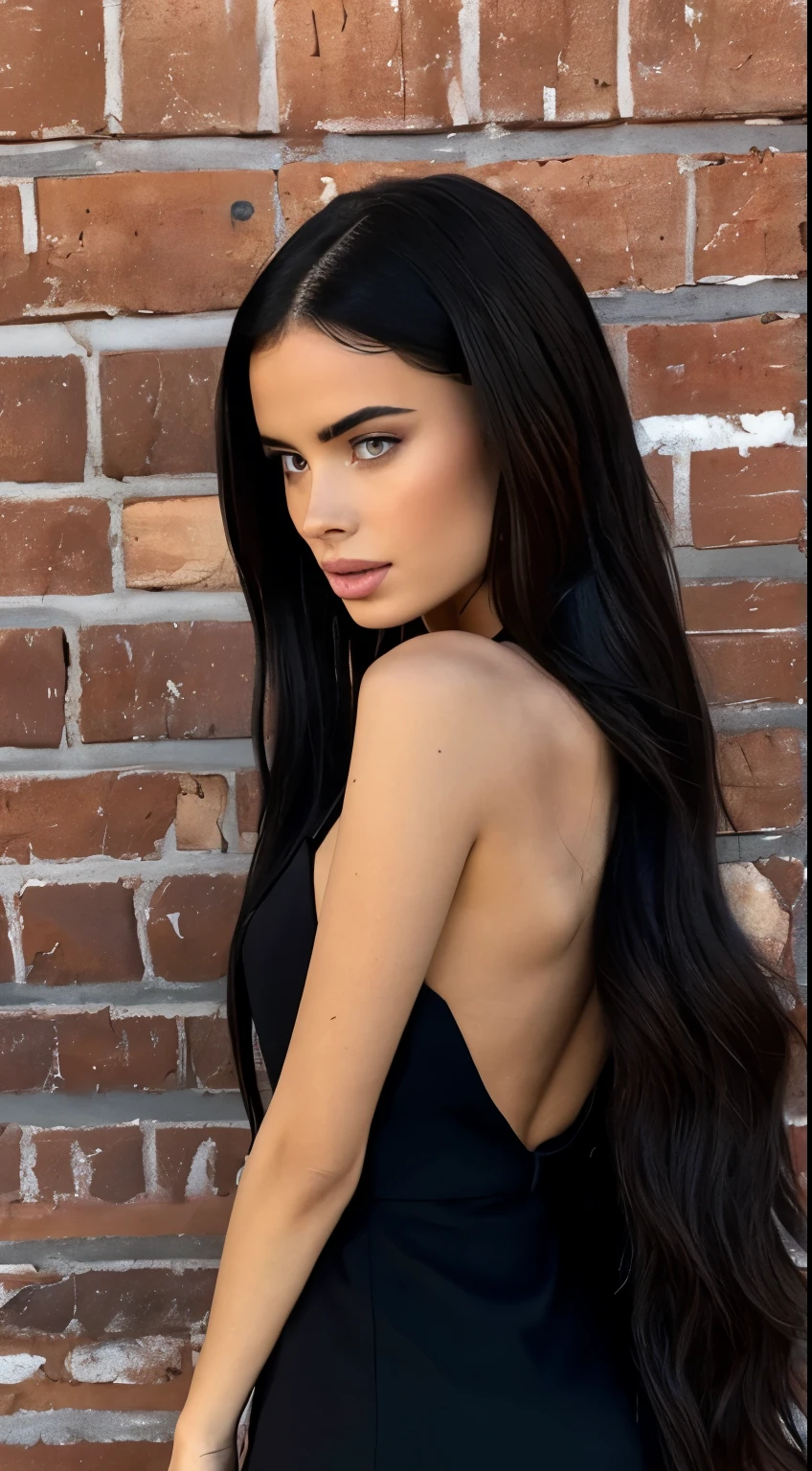a black and white photo of a woman in a dress, yael shelbia, black tie, very long black/red hair, beautiful feminine body, thin lustrous long dark hair, androgynous vampire, deep dark blue, very thin, runway, very pale, uniquely beautiful, back slit, cutout, bright flare, ellie bamber, krysten ritter