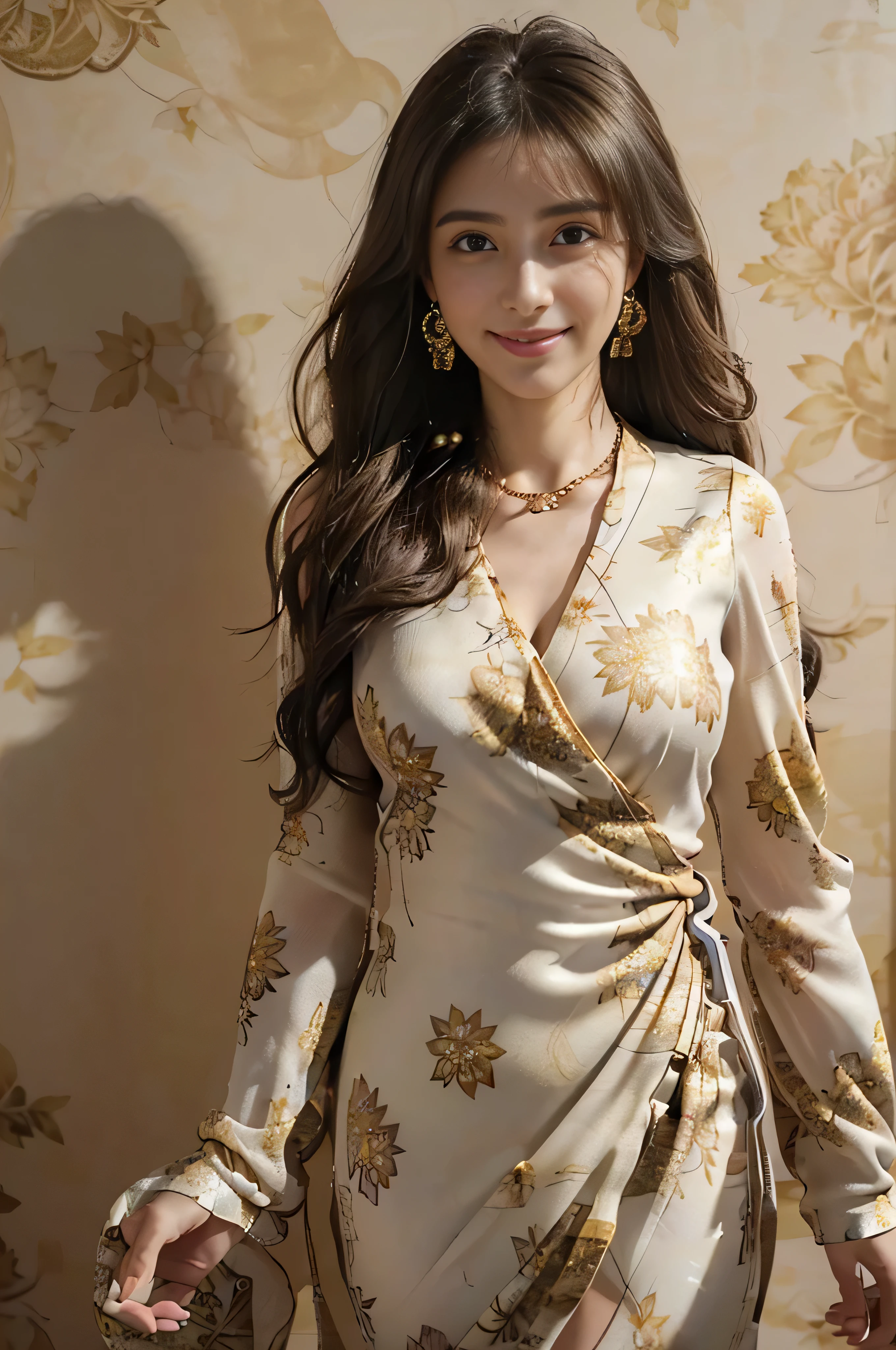((beautiful a girl:1.3))((Thin_fabric:1.4))((I'm working:1.3))((big breasts:1.2))((Close-up:1.2)) highest quality、muste piece、ultra high resolution、(photorealistic:1.4)、Raw photo、(real skin texture:1.3)、(film grain:1.3)、panorama、character portrait、Very wide shot、narrow waist、cowboy shot、(in the dark、deep shadow、low key、cold light、)night、((loosely wavy hair:1.2))、Streaming Tears、、Dust、Tyndall effect、(expression)、1 girl in、beautiful detailed eyes and face、white jabot、brown eyes、((brown super long hair:1.2)) (smile:1.3))((a shy smile:1.3))、((gold necklace_large earrings:1.2)),(((abstract floral print dress_long sleeve_wrap dresini dress:1.3)))
