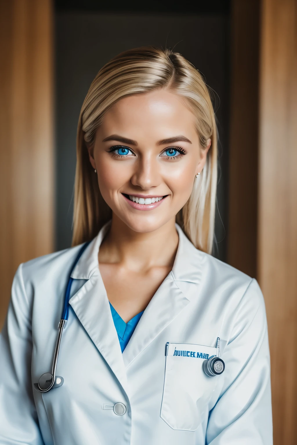 Hyper realistic and detailed full body photo of one young blonde smiling beautiful woman wearing a doctor outfit. perfect eyes, (Eye makeup:1.1), (highly detailed skin:1.1), RAW, analog style, sharp focus, 8k UHD, DSLR, high quality, Fujifilm XT3, grain, award winning, masterpiece.