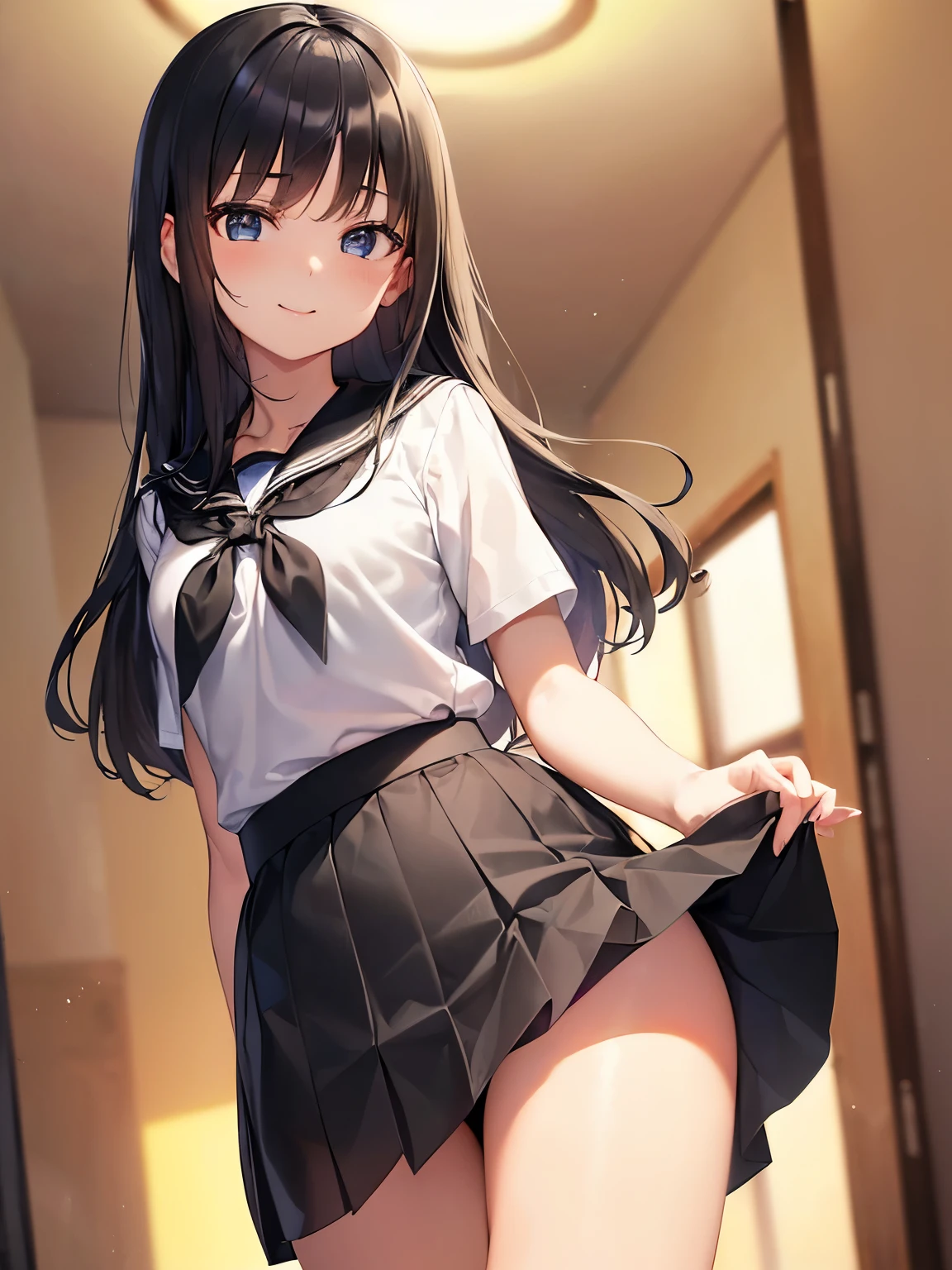 ((masutepiece, Best Quality)), ((hight resolution)), (photos realistic), Best Shadow, high detailing, Very detailed, (nice hand, Perfect hands), (Face Focus:1.2), ((1girl)), Beautiful Girl, 25 years old, blue eyes, (black long Hair:1.5), (small breasts:1.3), (Smile:1.3), Glossy white skin, (view from front:1.3), (Very slender:1.3), (Cute face:1.3), (look at viewer:1.4), detailed facial features,droopy eyes, Crisp focus, perfect beautiful body and face, Perfectly focused, (standing:1.4), Long bangs, (in the school:1.4), ((highschool girl:1.4)), ((black mini skirt lift:1.3)), (smile)