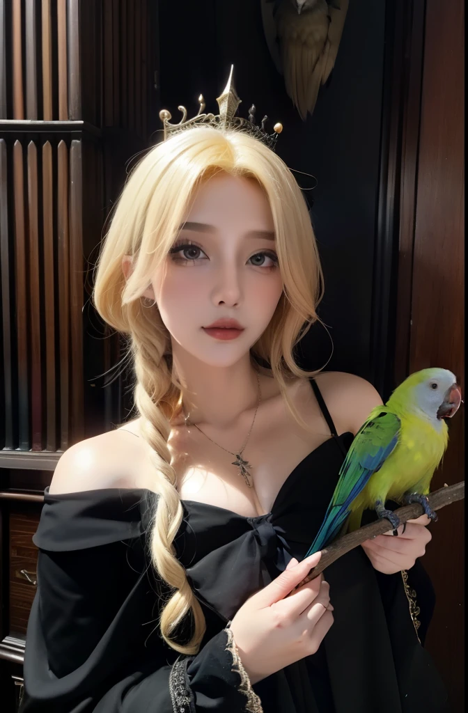 Gothic magic style，hogwarts style，Blonde hair, Side face girl,There is a parrot on the shoulder,A fantasy black wand,Black magic hat,Fantastic high quality。