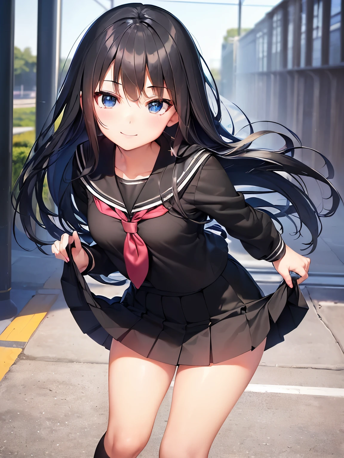 ((masutepiece, Best Quality)), ((hight resolution)), (photos realistic), Best Shadow, high detailing, Very detailed, (nice hand, Perfect hands), (Face Focus:1.2), ((1girl)), Beautiful Girl, 25 years old, blue eyes, (black long Hair:1.5), (small breasts:1.3), (Smile:1.3), Glossy white skin, (view from front:1.3), (Very slender:1.3), (Cute face:1.3), (look at viewer:1.4), detailed facial features,droopy eyes, Crisp focus, perfect beautiful body and face, Perfectly focused, (standing:1.4), Long bangs, (in the school:1.4), ((highschool girl:1.4)), ((black mini skirt lift:1.3)), (smile)