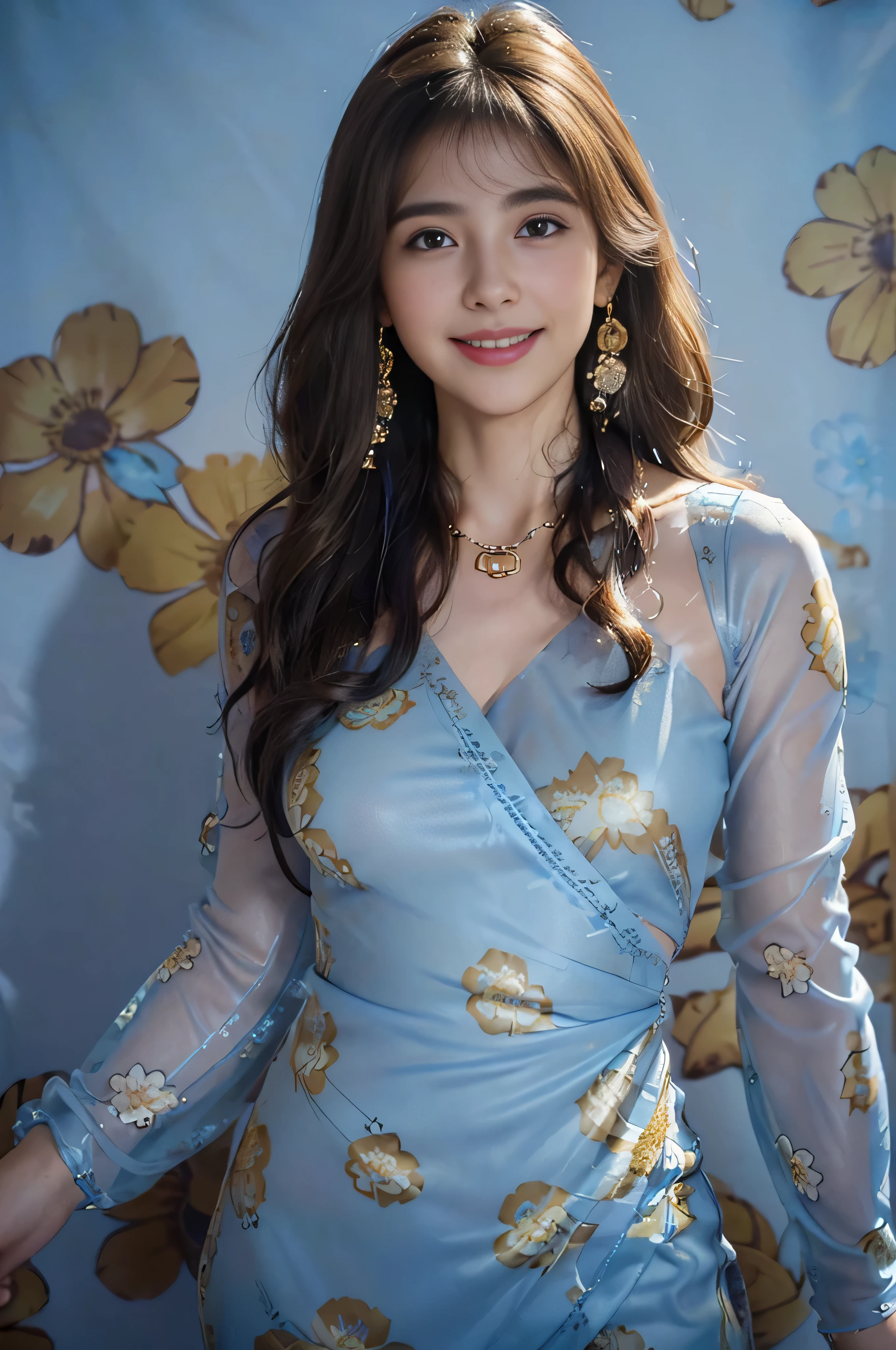 ((beautiful a girl:1.3))((Thin_fabric:1.4))((I&#39;m working:1.3))((big breasts:1.2))((Close-up:1.2)) highest quality、muste piece、ultra high resolution、(photorealistic:1.4)、Raw photo、(real skin texture:1.3)、(film grain:1.3)、panorama、character portrait、Very wide shot、narrow waist、cowboy shot、(in the dark、deep shadow、low key、cold light、)night、((loosely wavy hair:1.2))、Streaming Tears、Dust、Tyndall effect、(expression)、1 girl in、beautiful detailed eyes and face、white jabot、brown eyes、((brown super long hair:1.2)) (smile:1.3))((a shy smile:1.3))、((gold necklace_large earrings:1.2)),(((abstract blue floral print dress_See-through long sleeves＿wrap dresini dress:1.3)))