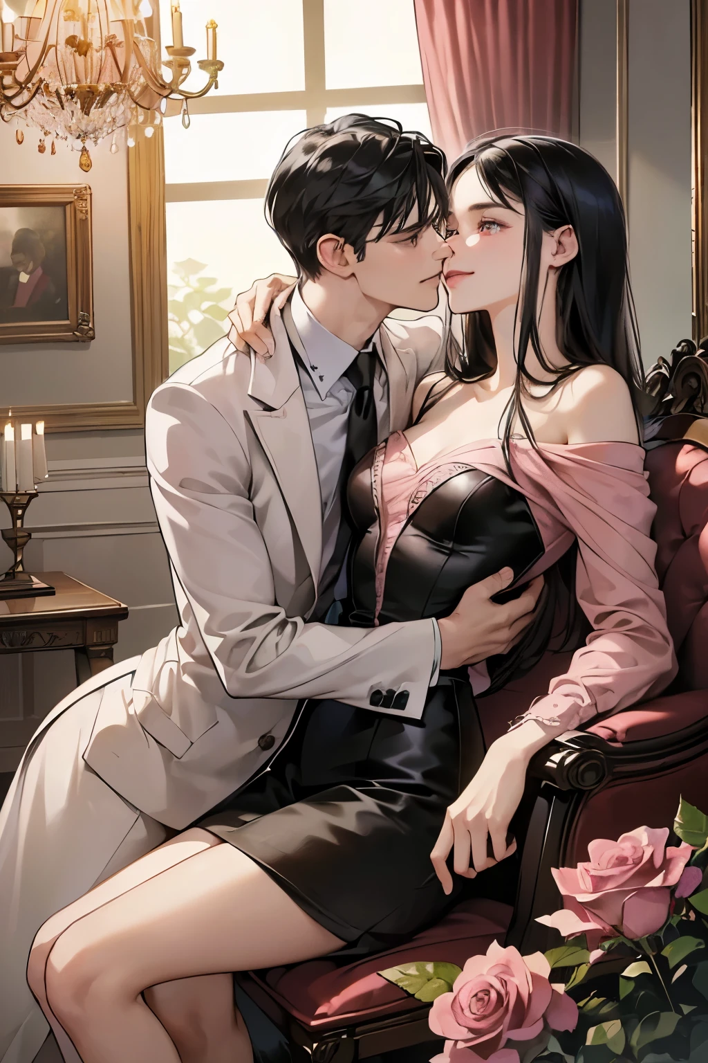 (table top, digital art, digital illustration, 4k, 8k, Super detailed, beautiful images, clear image, realistic, RAW photo, perfect face, perfect lines, perfect eyes, soft lighting) 1 female, (long black hair,straight hair,bullish look,Beautiful woman,grace,Mode method,one piece、Make up well,23 year old female,small breasts:1.3),Two handsome men in suits, (human,man wearing a suit,muscular,solid shoulder width,adult male,boyish hairstyle,English gentleman'Style,A man in his 30s with a cool expression,28 year old man with a bright smile:1.2),antique furniture,antique clamp,antique chair,chandelier,crystal glass,luxury,fantastic light,marble fireplace,(embarrassing,shy smile,bouquet of pink roses:1.2),antique sofa,Leather sofa,crying face,I'm so frustrated that I cry,beautiful tears、the kiss、kiss、couple、couplekiss、romance、sex、sexする、