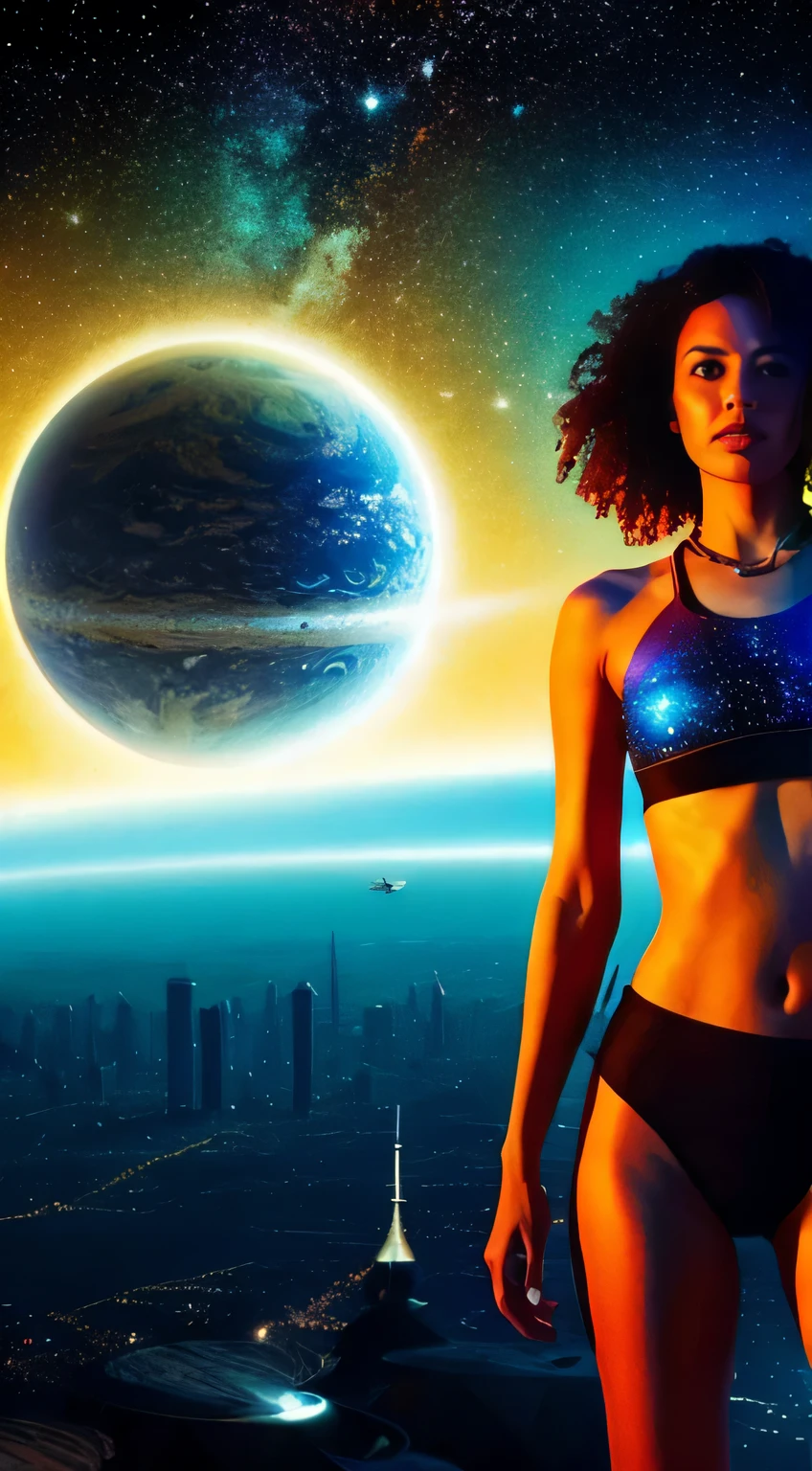 there is a woman standing in front of a painting of a planet, futuristic city in background, psytrance artwork, interconnected human lifeforms, panoramic view of girl, progressive rock album cover, dream of the endless, star dust, galaxy, stoner rock --ar 16:9 --v 5.1