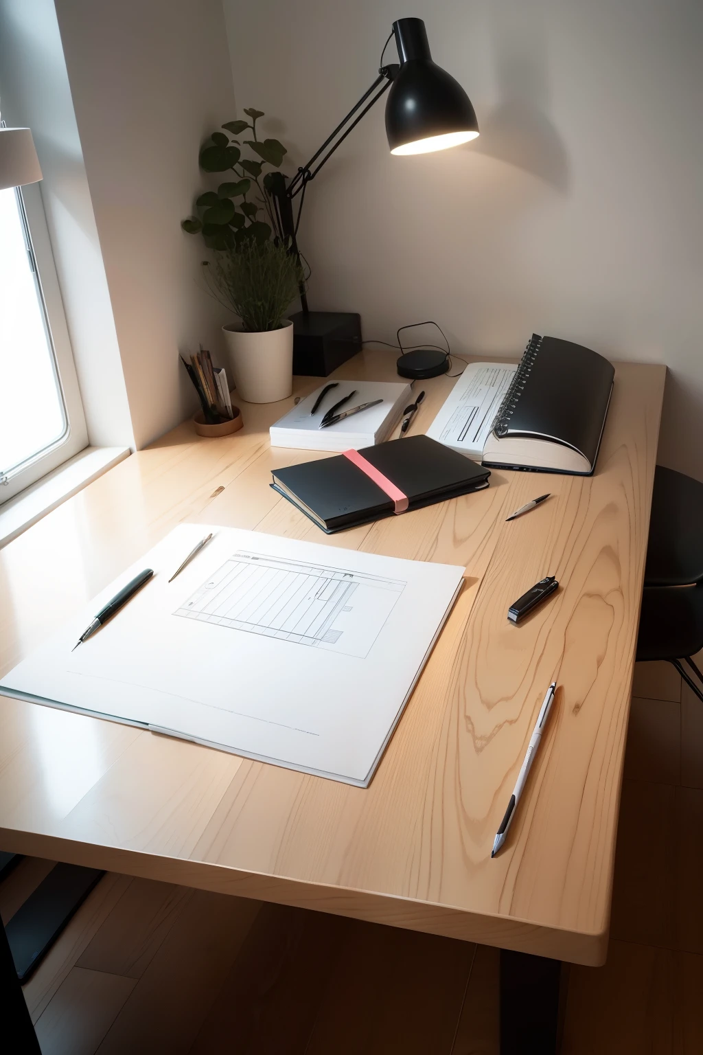 Modern designer's table -- A sleek and contemporary designer's table, illuminated by warm studio lights. The table's surface is clean and clutter-free, with a few sketchbooks and pens scattered around. The table legs are made of minimalist, geometric designs, and the tabletop is large enough to accommodate a laptop or a blueprint spread out for detailed work. The overall style is chibi, giving the table a playful yet professional look. The background depicts a subtle, abstract forest scene, adding a touch of natural beauty to the highly detailed space.