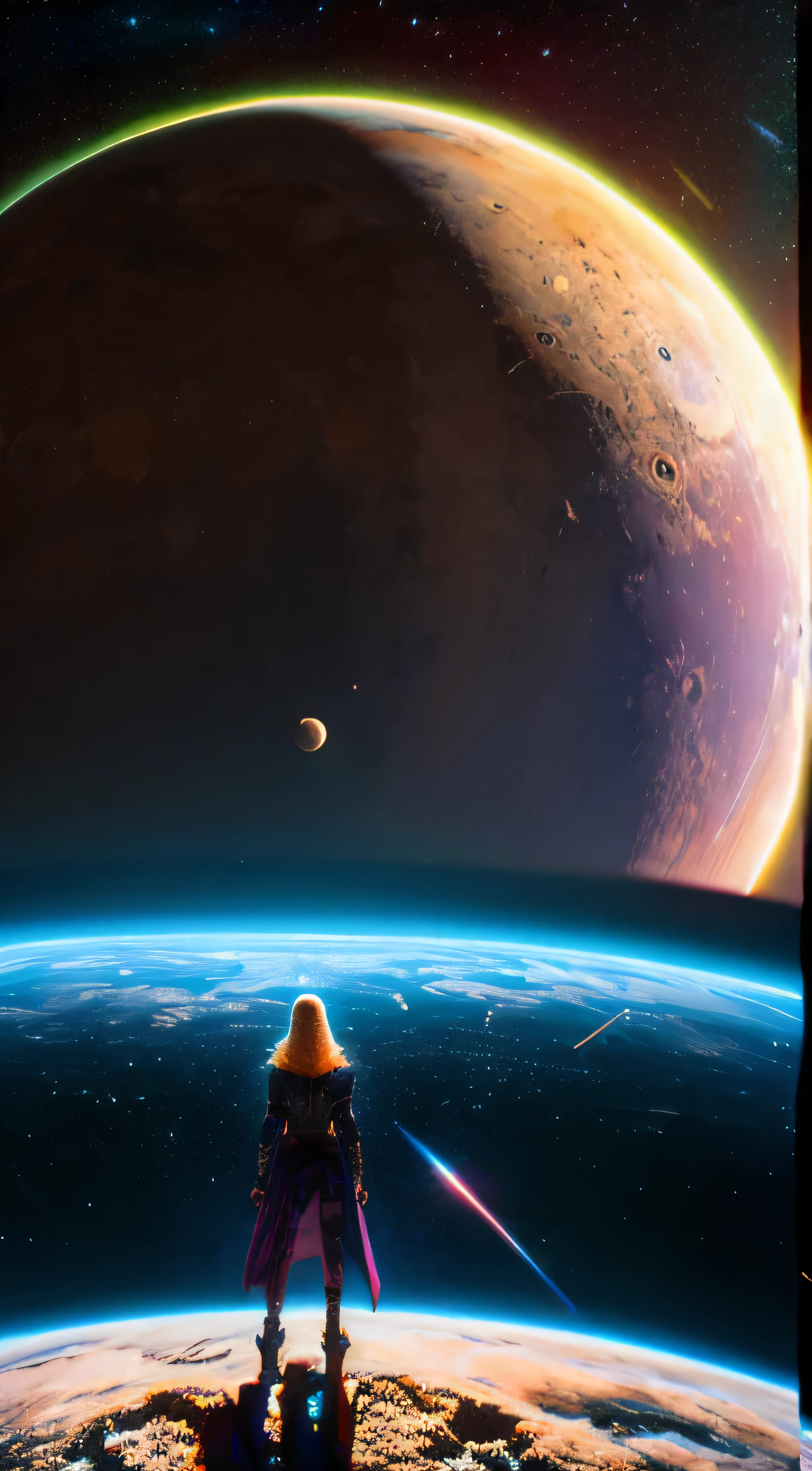 there is a woman standing in front of a painting of a planet, futuristic city in background, psytrance artwork, interconnected human lifeforms, panoramic view of girl, progressive rock album cover, dream of the endless, star dust, galaxy, stoner rock --ar 16:9 --v 5.1