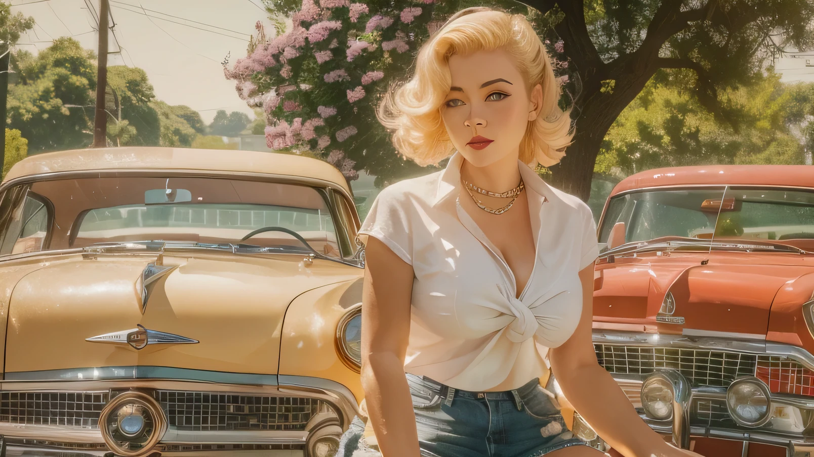 ((best quality)), ((masterpiece)), (detailed), perfect face stunning pin up girl from the 50s, blonde, white unbuttoned up shirt, denim shorts, tits, no bra, suburban road, vintage cars in the distance