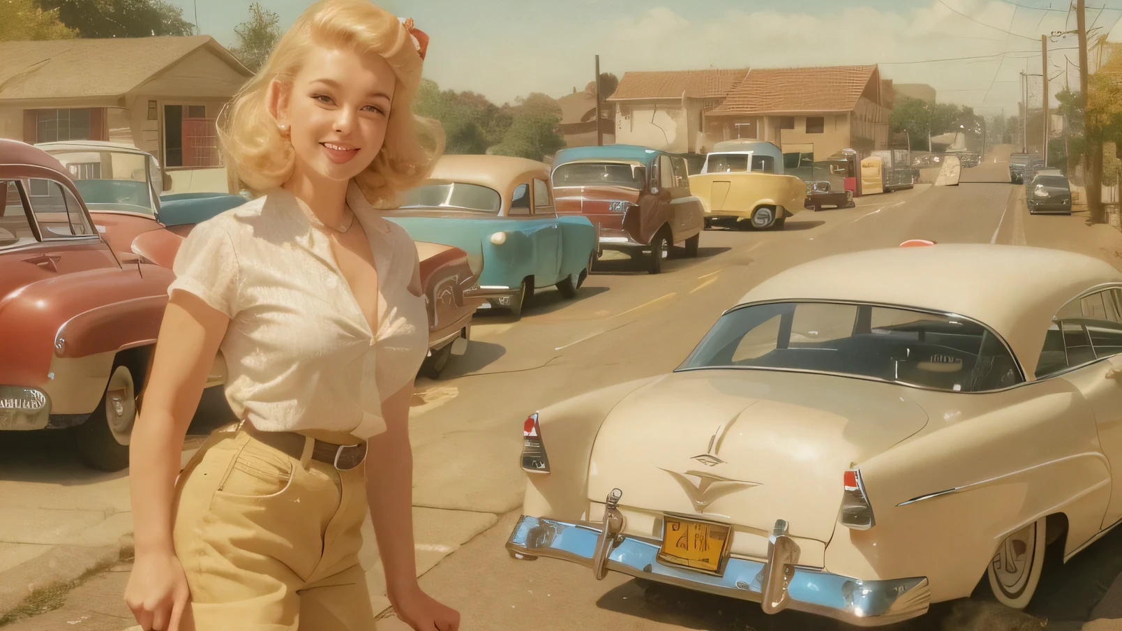 Beautiful 50s, pinup girl, blonde, white knotted shirt, denim shorts, tits flashing, suburban road, vintage cars in the distance