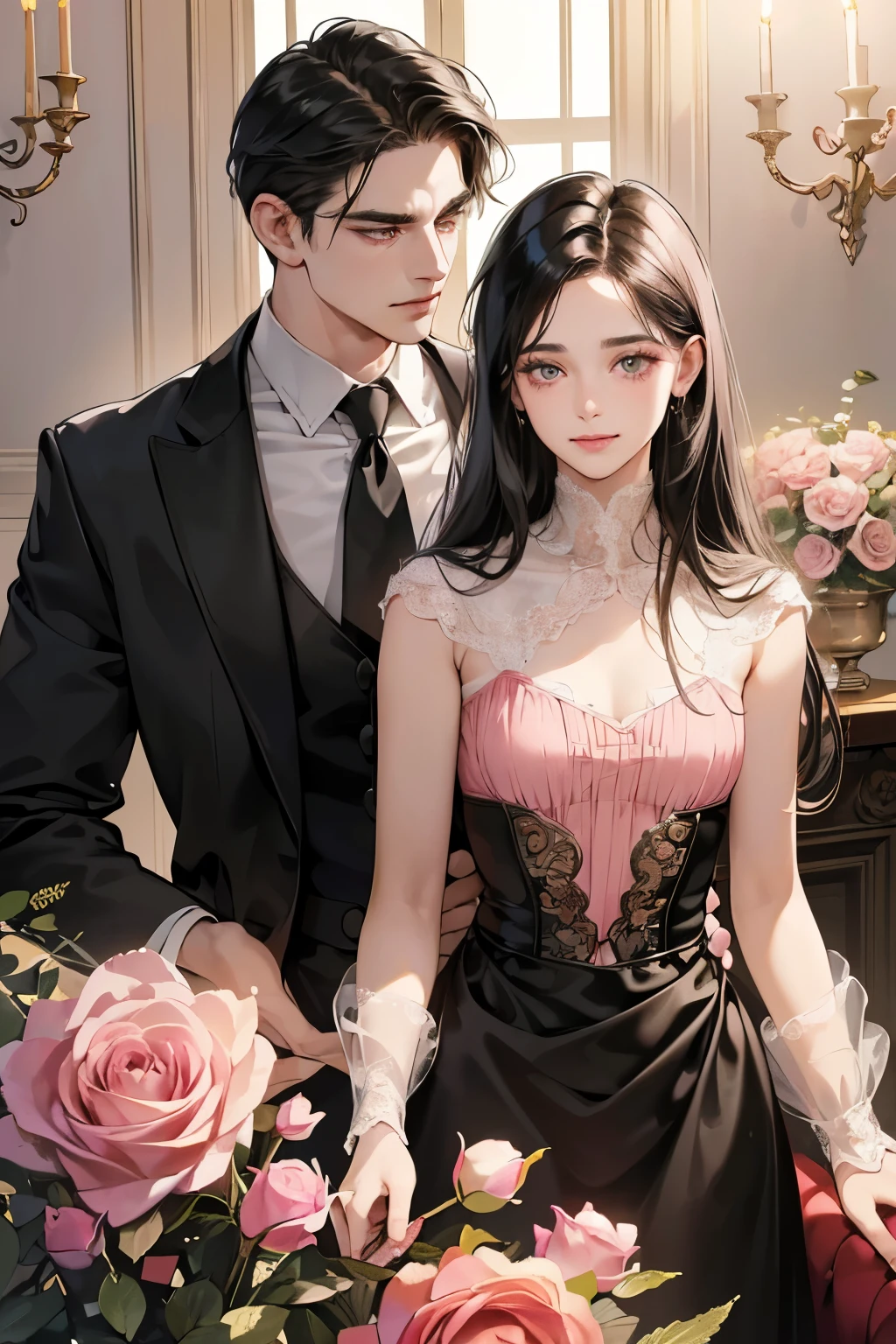 (table top, digital art, digital illustration, 4k, 8k, Super detailed, beautiful images, clear image, realistic, RAW photo, perfect face, perfect lines, perfect eyes, soft lighting) 1 female, (long black hair,straight hair,bullish look,Beautiful woman,grace,Mode method,one piece、Make up well,23 year old female,small breasts:1.3),Two handsome men in suits, (human,man wearing a suit,muscular,solid shoulder width,adult male,boyish hairstyle,English gentleman'Style,A man in his 30s with a cool expression,28 year old man with a bright smile:1.2),antique furniture,antique clamp,antique chair,chandelier,crystal glass,luxury,fantastic light,marble fireplace,(embarrassing,shy smile,bouquet of pink roses:1.2),antique sofa,Leather sofa,crying face,I'm so frustrated that I cry,beautiful tears、the kiss、kiss、couple、couplekiss、romance、sex、sexする、