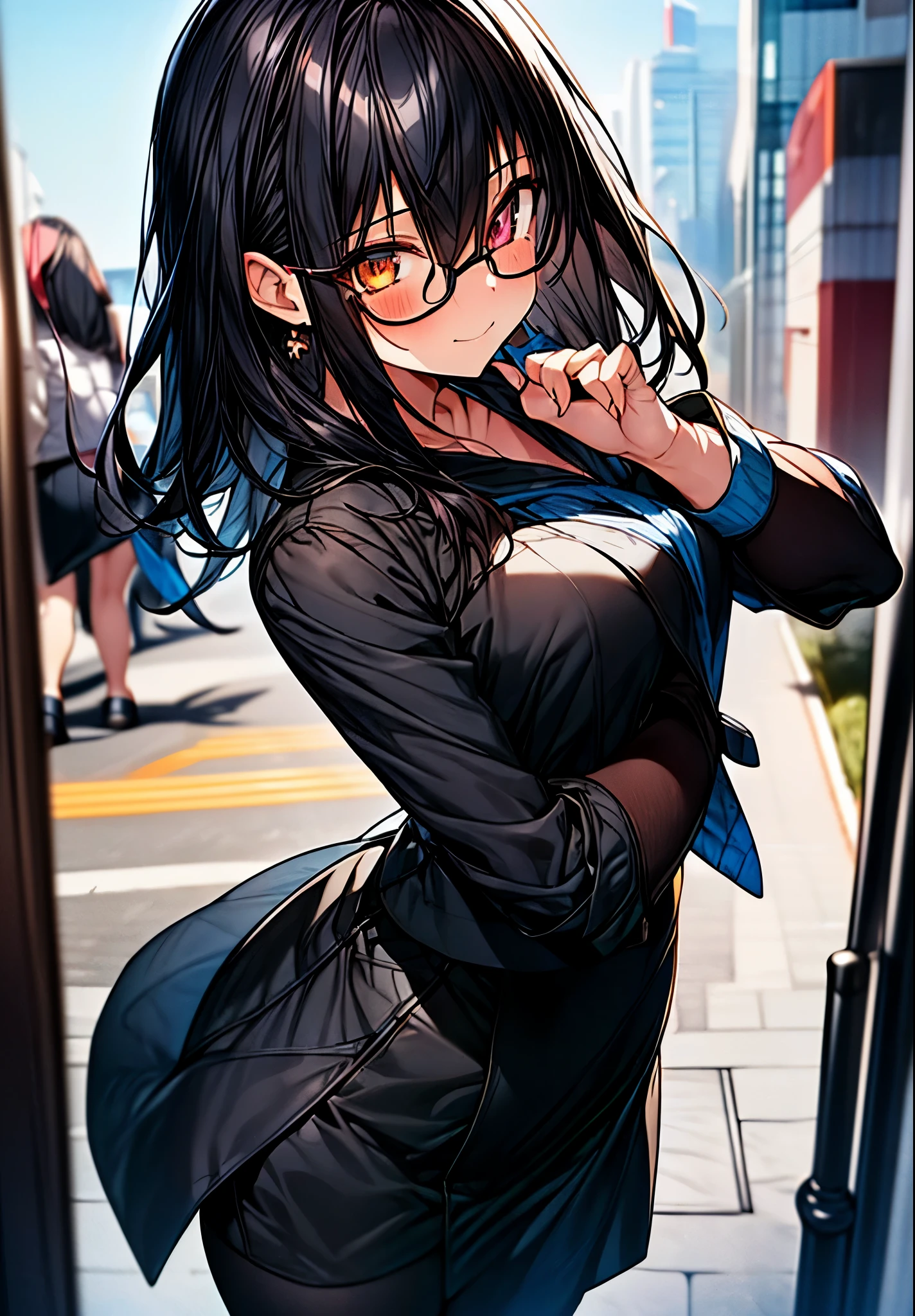 masterpiece, highest quality, High resolution, 1girl yukina himeragi short hair, black hair,medium long hair,brown eyes,smile,blush,OL, red glasses, end, black suit jacket, medium chest,collared jacket, white dress shirt, collared shirt, neckline, button, strap, ID card on the neck, black pencil skirt, black pantyhose, stiletto heels,Asahi,building street,In town,(masterpiece:1.2), highest quality, High resolution, unity 8k wallpaper, (shape:0.8), (beautiful and detailed eyes:1.6), highly detailed face, perfect lighting, Very detailed CG, (perfect hands, perfect anatomy),