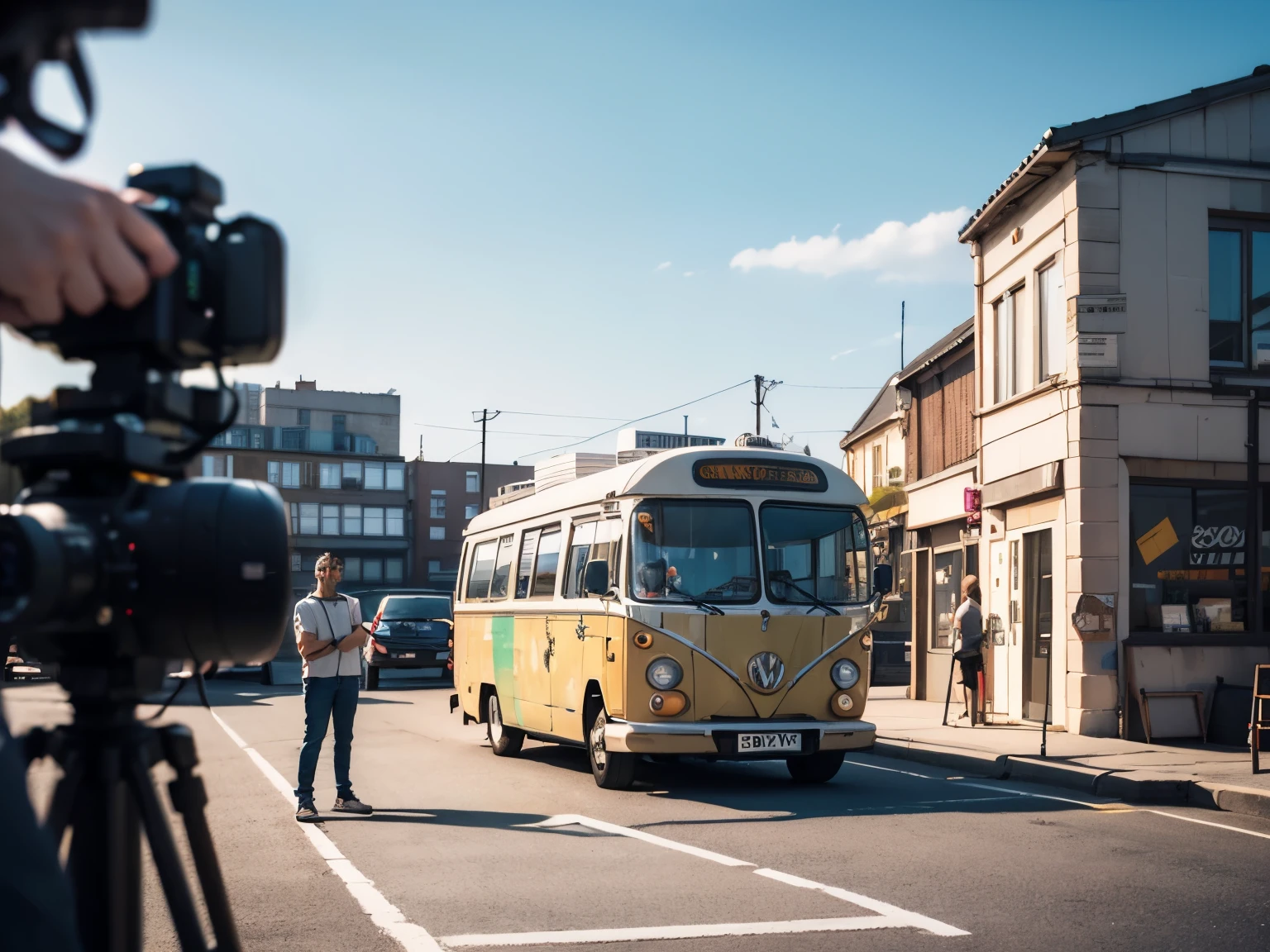 (best quality, masterpiece, highres:1.3), detailed, a few film crew members standing in front of a Chevrolet Impala, filming for Supernatural, actors standing by, tilt-shift photo, unsplash, UK stop motion, cinematography photos, filming location