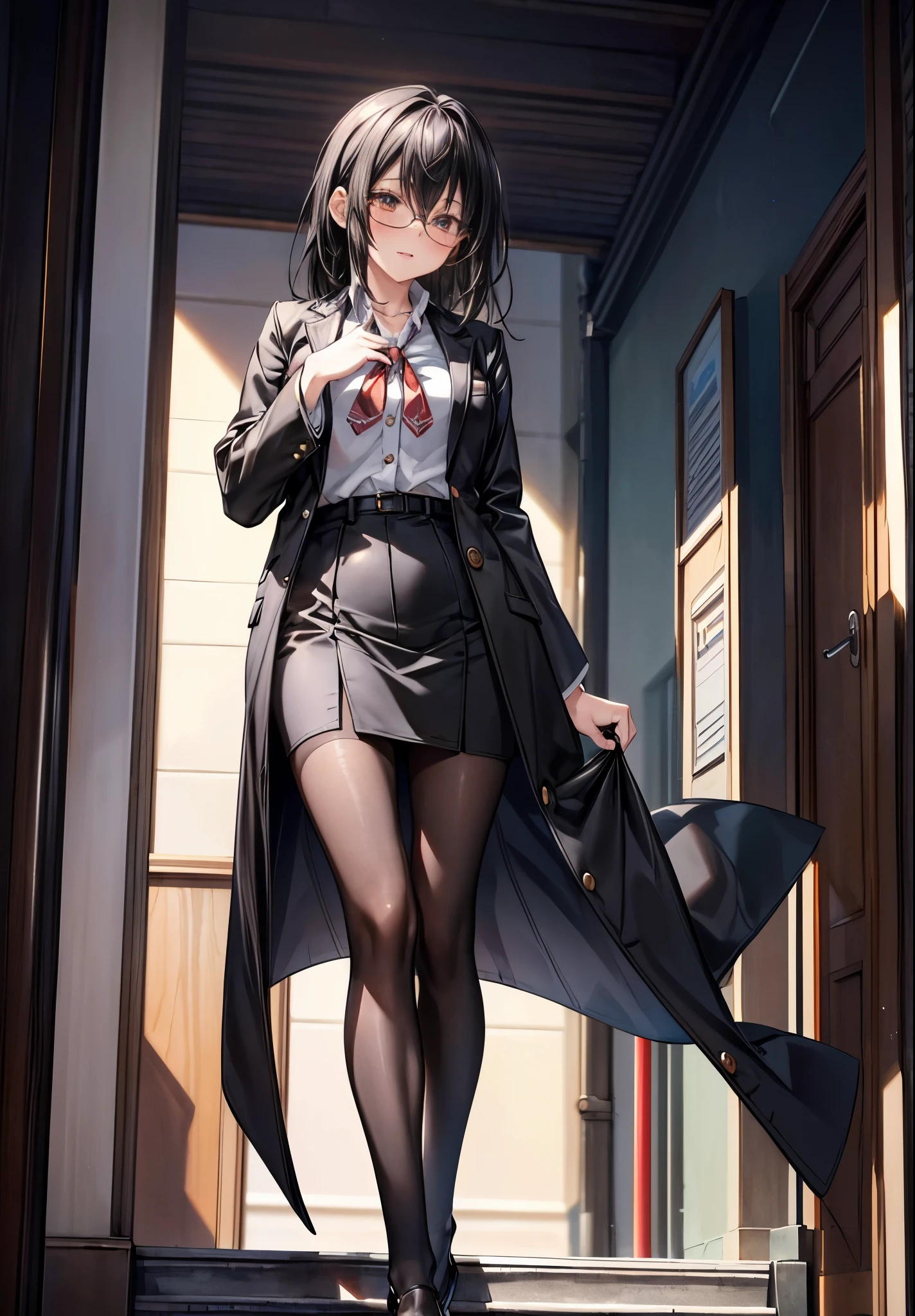 masterpiece, highest quality, High resolution, 1girl yukina himeragi short hair, black hair,medium long hair,brown eyes,smile,blush,OL, red glasses, end, black suit jacket, medium chest,collared jacket, white dress shirt, collared shirt, neckline, button, strap, ID card on the neck, black pencil skirt, black pantyhose, stiletto heels,Asahi,building street,In town,(masterpiece:1.2), highest quality, High resolution, unity 8k wallpaper, (shape:0.8), (beautiful and detailed eyes:1.6), highly detailed face, perfect lighting, Very detailed CG, (perfect hands, perfect anatomy),