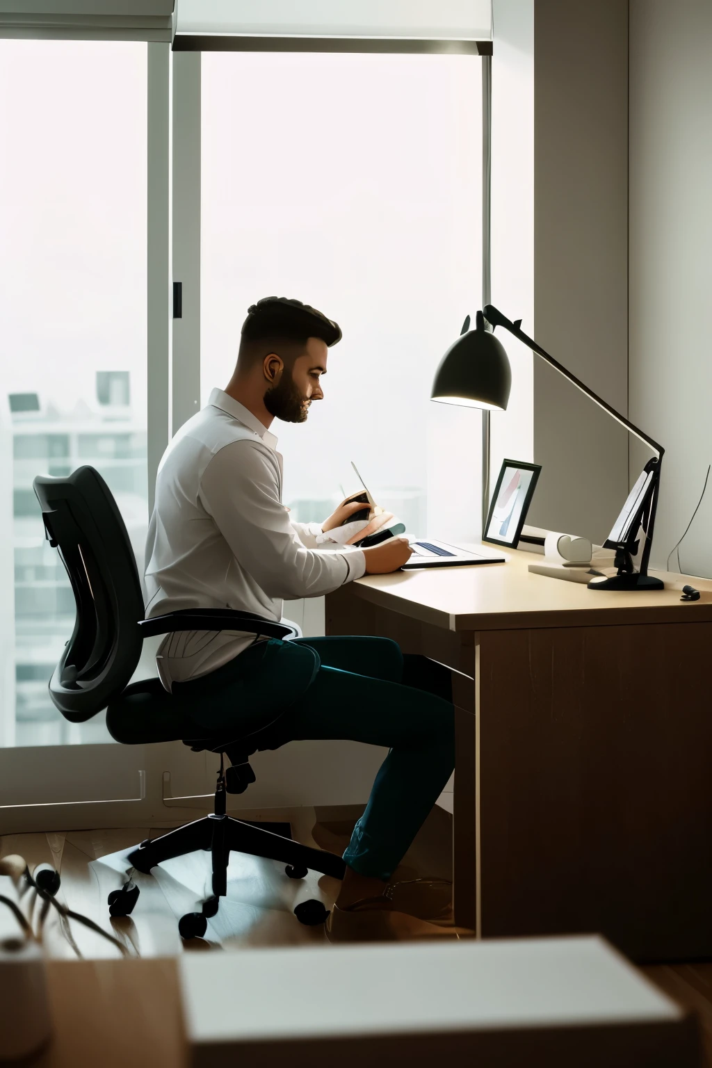 A real 8K photo of a person working at a desk and the room is illuminated with a lamp with strong cold white light. ((detallado)) ((real)) ((calidad superior))