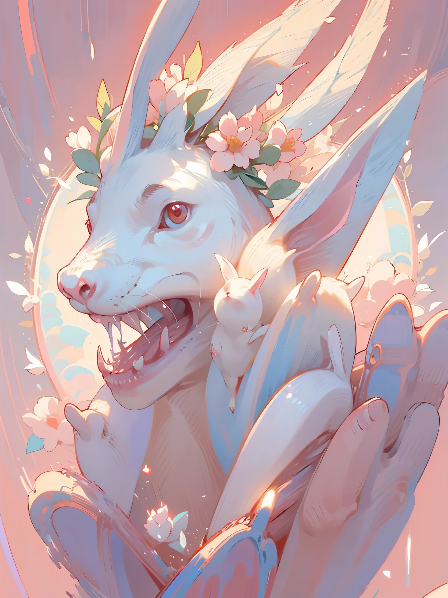 A cute white rabbit,pointy teeth,open mouth,Beautiful flowers spit out from the mouth,flowers spread upward,Rabbit's eyes are red,With a crown on his head,Head up,Two ears hanging down,Holding a red heart in hand,Red heart is flowing with liquid,pink background,ultra high definition,illustration style, anime style, M Jenny style, digital illustration, nearly perfect, Very detailed, Smooth, sharp focus, illustration, 4K resolution