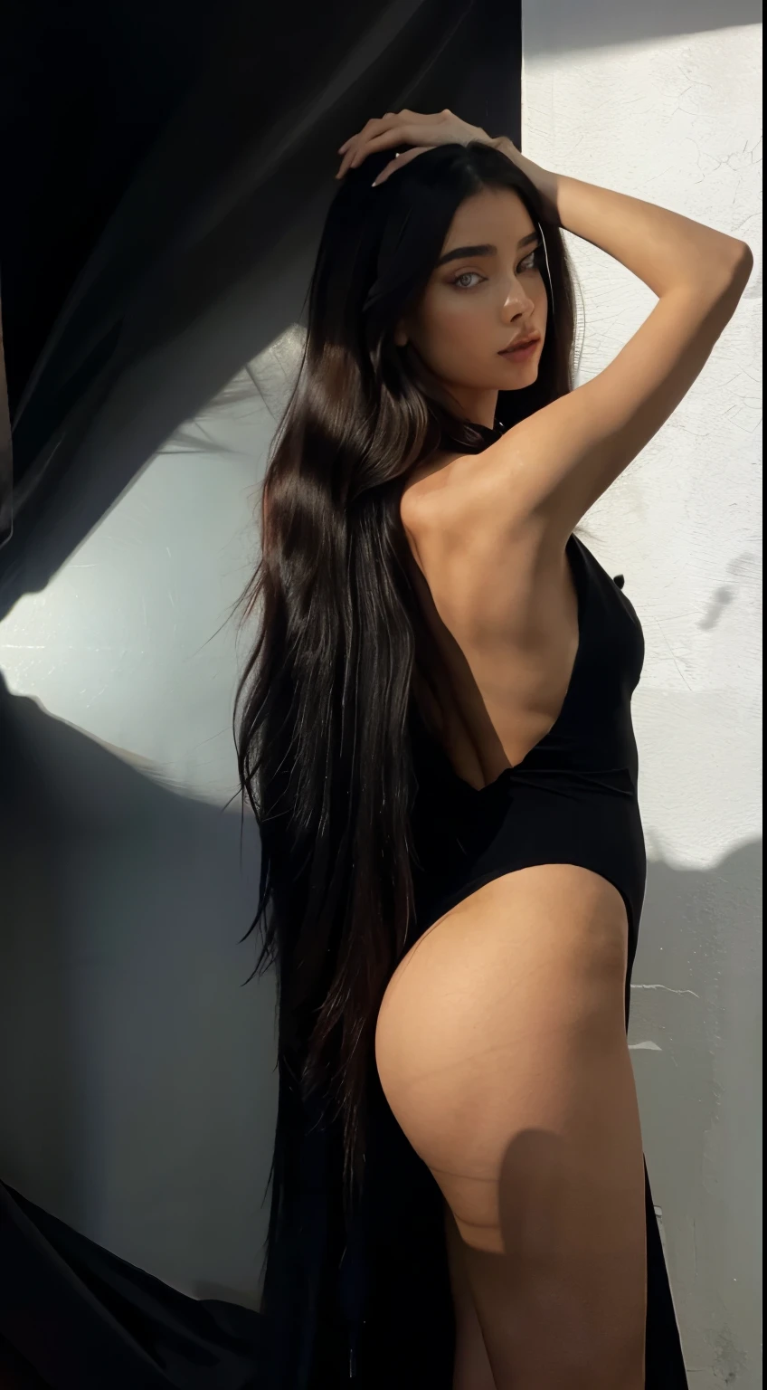 a black and white photo of a woman in a dress, yael shelbia, black tie, very long black/red hair, beautiful feminine body, thin lustrous long dark hair, androgynous vampire, deep dark blue, very thin, runway, very pale, uniquely beautiful, back slit, cutout, bright flare, ellie bamber, krysten ritter