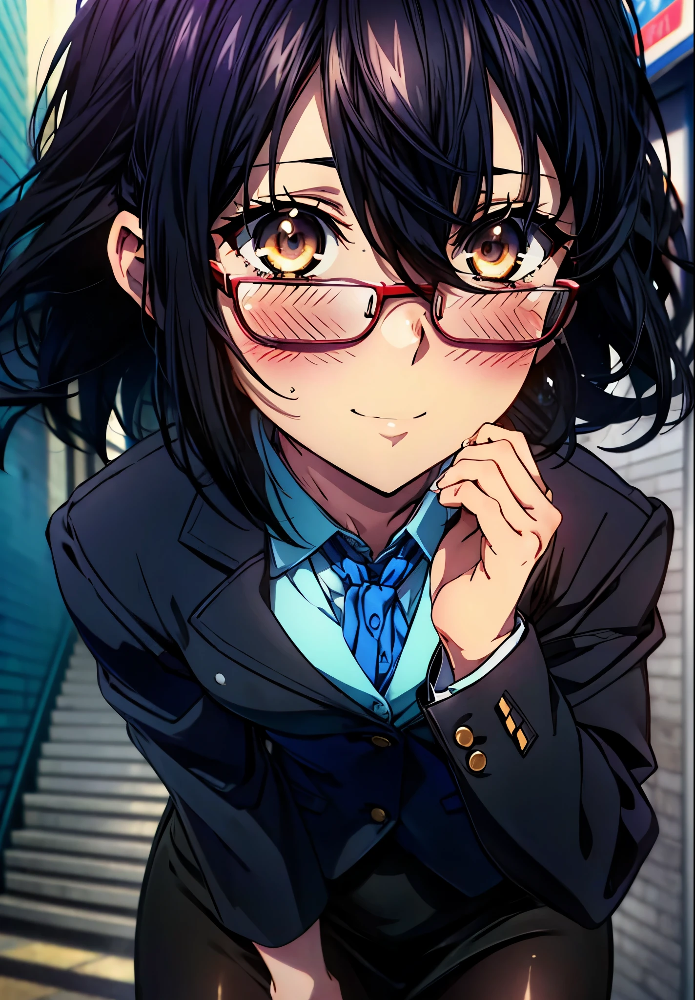 masterpiece, highest quality, High resolution, 1girl yukina himeragi short hair, black hair,medium long hair,brown eyes,smile,blush,OL, red glasses, end, black suit jacket, medium chest,collared jacket, white dress shirt, collared shirt, neckline, button, strap, ID card on the neck, black pencil skirt, black pantyhose, stiletto heels,Asahi,building street,In town,(masterpiece:1.2), highest quality, High resolution, unity 8k wallpaper, (shape:0.8), (beautiful and detailed eyes:1.6), highly detailed face, perfect lighting, Very detailed CG, (perfect hands, perfect anatomy),