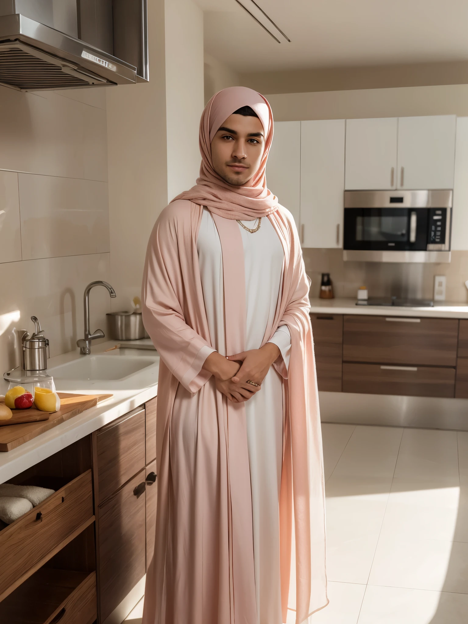 Generate an image of a male with soft and pretty face. He has a thin body and is wearing a soft pink pashmina hijab, a white abaya dress, and a soft pink long outer. The character is standing in a kitchen, facing forward, with a feminine stance and effeminate gesture. The expression on his face is sweet and cute, and the overall atmosphere of the scene is well-lit and welcoming.