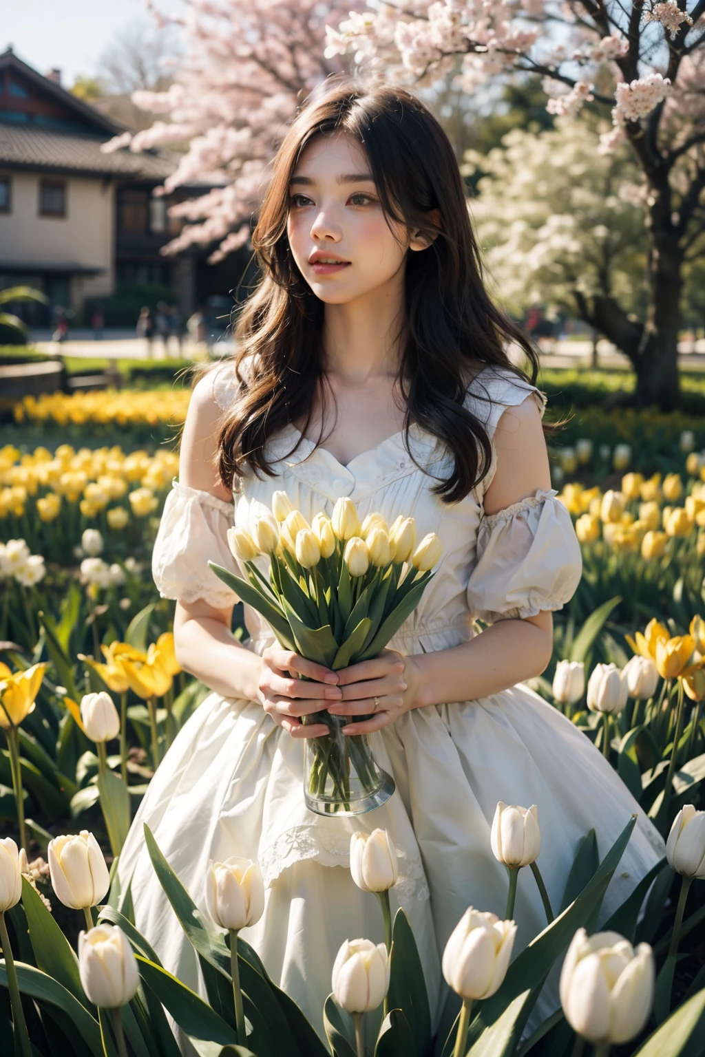 ,Spring green tulips grass daffodils march green and white, sakura leaves, lebendige farben