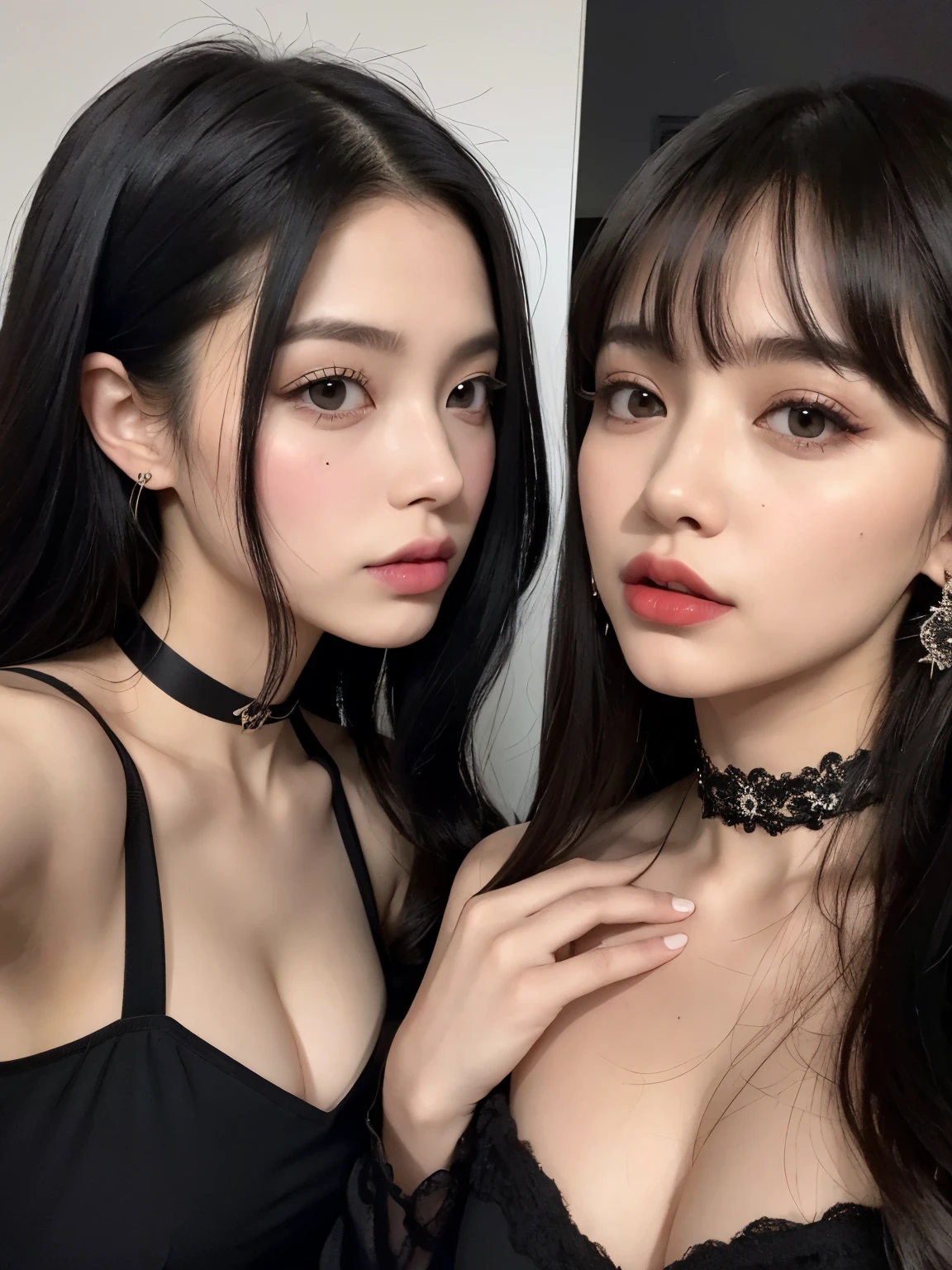 Kim Jennie con el cabello negro oscuro, con rulos en las puntas del cabello negro oscuro, con un ganchito de estrella en el cabello negro oscuro, ojos de color claro, ojos bonitos, ojos llorosos, nariz bonita y respingada, labios bonitos, labios rosas, heart shaped lip and cupid, piel bonita, pale and white skin, con lunares y pecas en todo el rostro, rubor rosa suave en las mejilla, rubor rosa natural, dark and gothic makeup, Jennie gotica, while she is with a pretty boy by her side, with a pretty Asian boy who is next to her, while there is a torso of a man, while the man's hand is on his jaw, manos bonitas de hombre, with a gothic boy, cuellos bonito, cuello marcado, frown, mirada enojada, con un collar de beso, un collar bonito de beso, mientras muestra sus pechos desnudos, mientras tiene los pezones con dos corazones de papel rosa, tiene los pezonnes con corazones de papel rosa (pechos grandes, pechos suaves, pechos bonitos, pechos naturales), con un chico a su lado, con su novio, looking to the camera, selfie