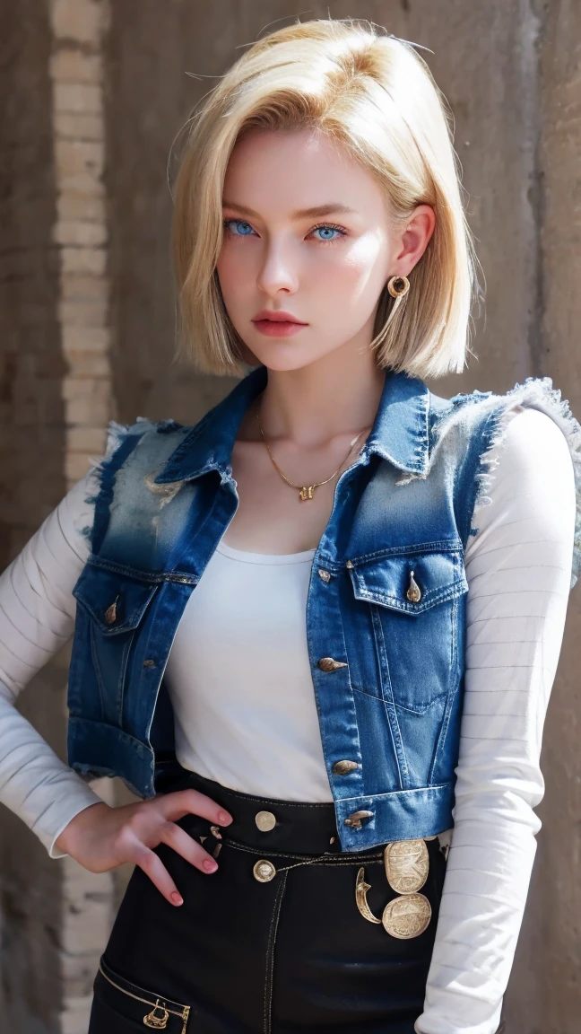 Realistic Android 18, Full Body, Blonde Hair, Blue Eyes, Eyelashes, Hoop Earrings, Short Hair, Earring, Black Sock, White Shirt with Black Stripes, Chest Pocket, Cleavage, Collarbone, Denim, Denim Skirt, Miniskirt high waist, detailed legs, jewelry, long sleeves, pocket, shirt, tucked in shirt, skirt, striped, striped sleeves, vest, correct hands, detailed high volume legs. She walks towards the viewer