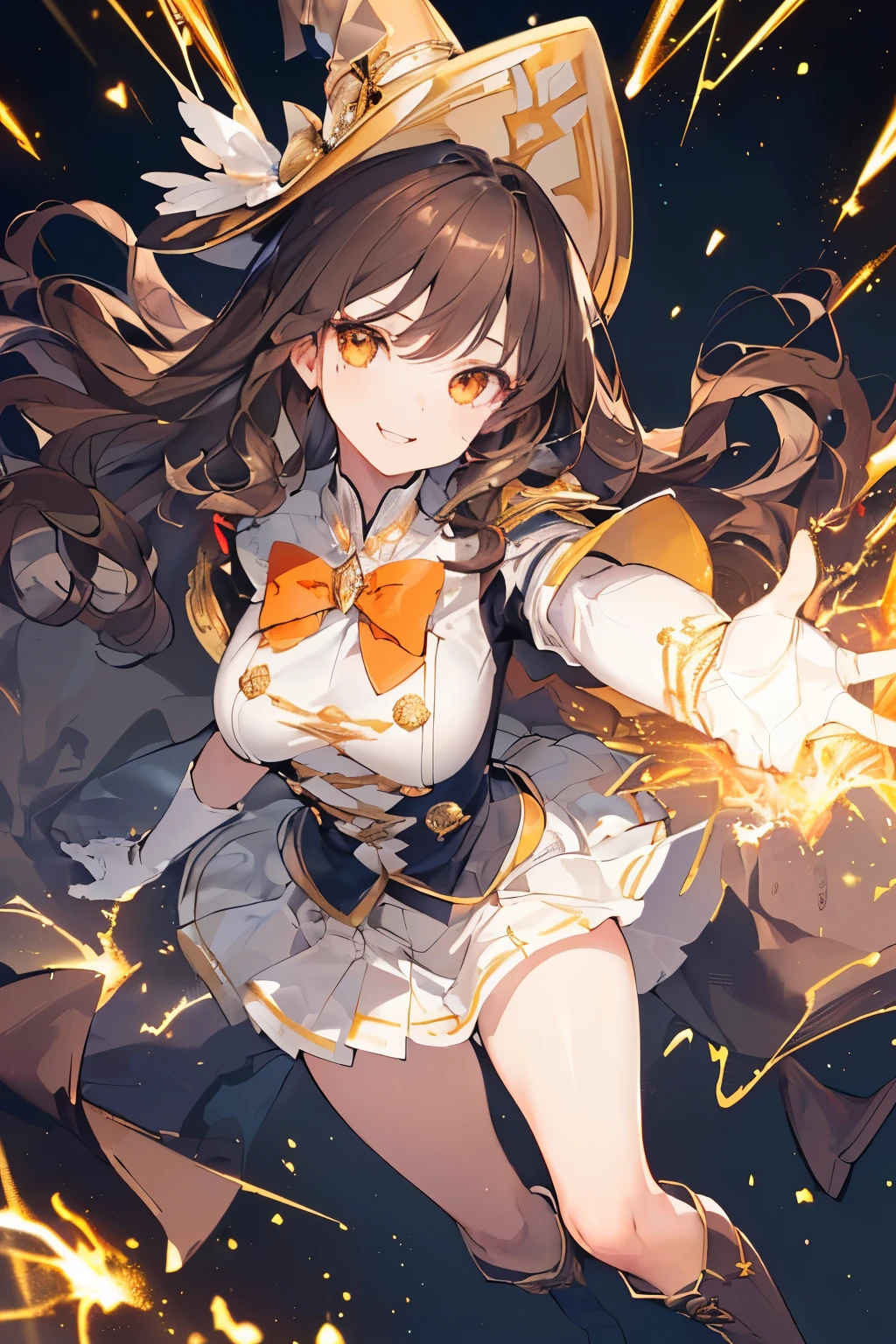 (((1girl))), ((best quality)), ((masterpiece)), ((ultra-detailed)), (illustration), (detailed light), (an extremely delicate and beautiful), (beautiful detailed eyes), (sunlight), ((extremely light)),  ((extremely clothes)), (((hyper detail))),(((((front lighting))))),(((((front light))))),

((((quite adorable Novice Warock's uniform with a brief skirt and magical hat)))), (((Novice Warock))),
, 

(((wavy long hair))), ((((dark brown hair)))),  (((long hair))),
(((dark orange eyes))),

((((whole body)))), aged 5 to 8, ((((())))), ((((very adorable young girl)))),
((condescending expression)), ((mischievous smile with sexual satisfaction)),  (((extra adorable))), (((((extra slender shape))))), 
(((((extremely beautiful detailed face))))), 
(((dynamically attacking enemies by a spell of Sparks))), (((elegant magic boots))),

(Dutch angle), (((elegant magic gloves))), ((transparent magical underskirt)), (a little bit exposed adorable magical panties)