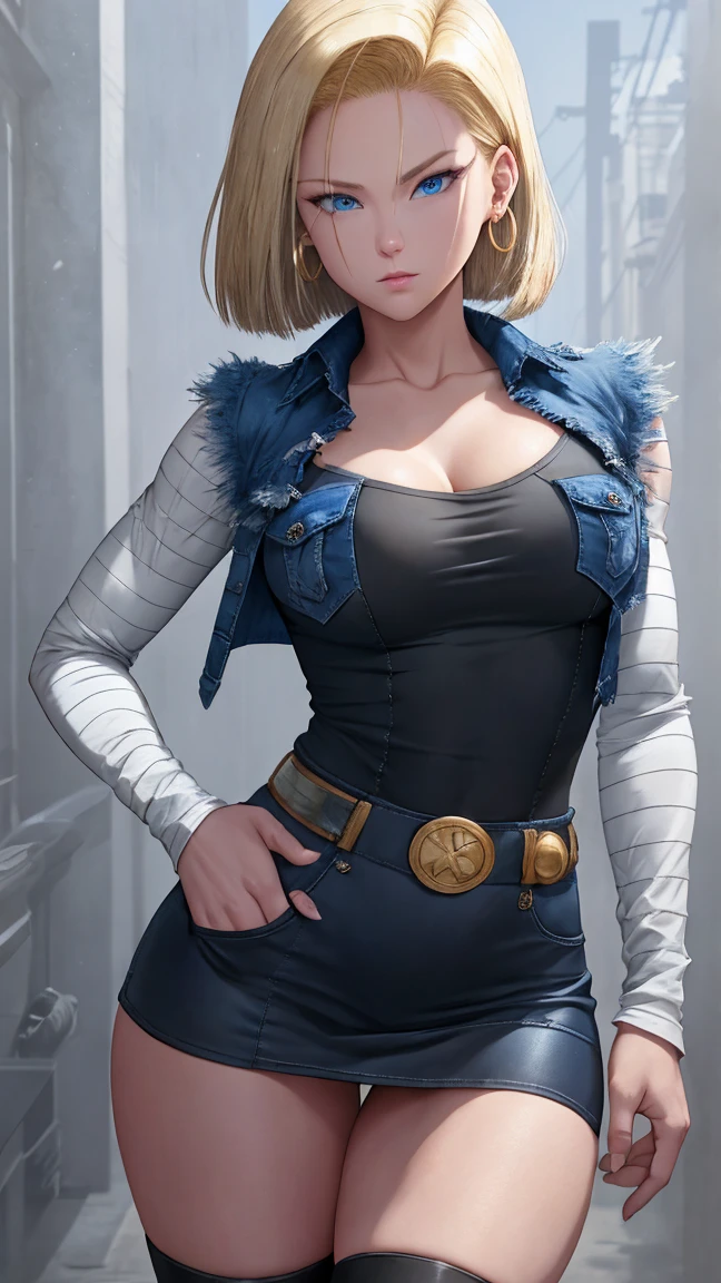 Realistic Android 18, Full Body, Blonde Hair, Blue Eyes, Eyelashes, Hoop Earrings, Short Hair, Earring, Black Sock, White Shirt with Black Stripes, Chest Pocket, Cleavage, Collarbone, Denim, Denim Skirt, Miniskirt high waist, detailed legs, jewelry, long sleeves, pocket, shirt, tucked in shirt, skirt, striped, striped sleeves, vest, correct hands, detailed high volume legs. She walks towards the viewer