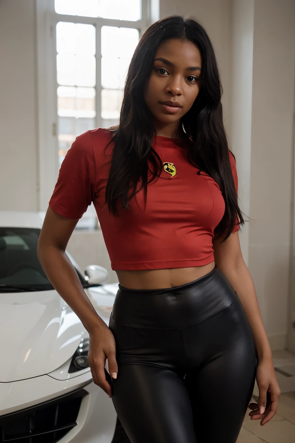 Beautiful ebony  african model, long black hair, black skin, ferrari, red t shirt, red leggings