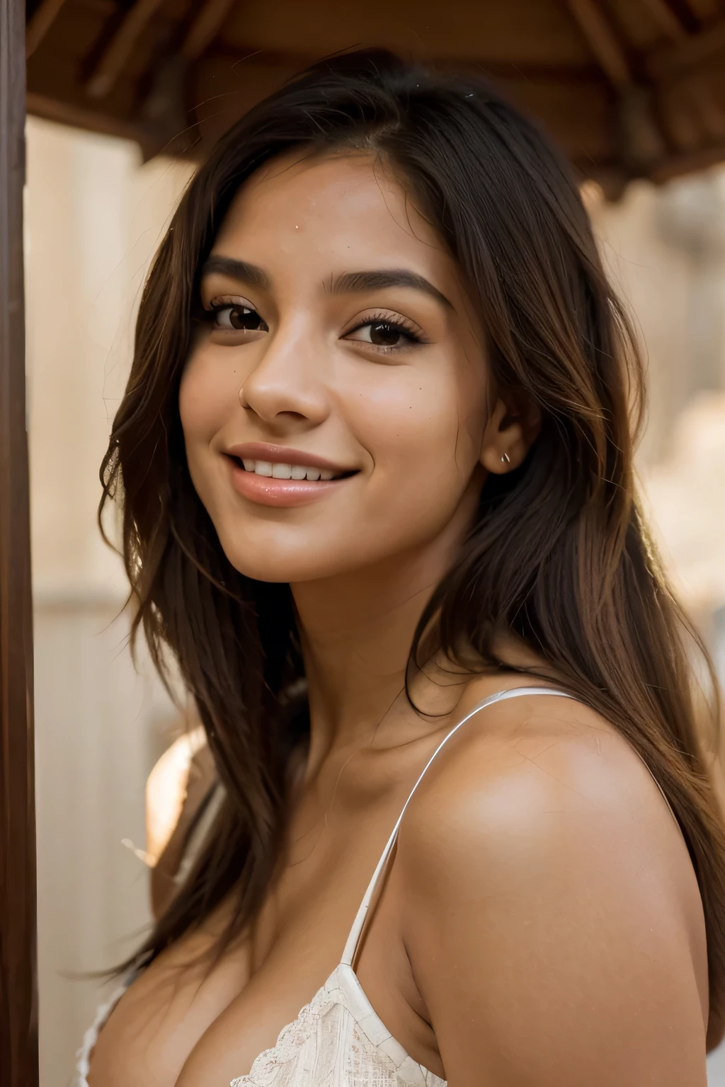 mujer de piel morena, suggesting that he has a skin tone that can range from light brown to medium brown., typically associated with people of Latino origin, mixed or some regions of the Mediterranean and Middle East. La belleza de esta mujer es destacada no solo por su tez, but also because of his big eyes, un rasgo que suele ser percibido como atractivo porque puede dar una apariencia de juventud y vitalidad, In addition to being considered a sign of beauty in many cultures.
A charismatic smile indicates that you have a facial expression that radiates charm and magnetism.., capaz de atraer o influir positivamente en otros de forma natural. Este tipo de sonrisa, a menudo, se asocia con la calidez, kindness and ability to make others feel comfortable and happy in your presence.
Los labios descritos como "sexis y armoniosos" sugieren que son bien definidos, possibly voluptuous or in a shape that is considered aesthetically attractive, contribuyendo al atractivo general de su rostro. Harmony in this context refers to how the lips complement the rest of your facial features..., manteniendo un equilibrio que es visualmente placentero.
