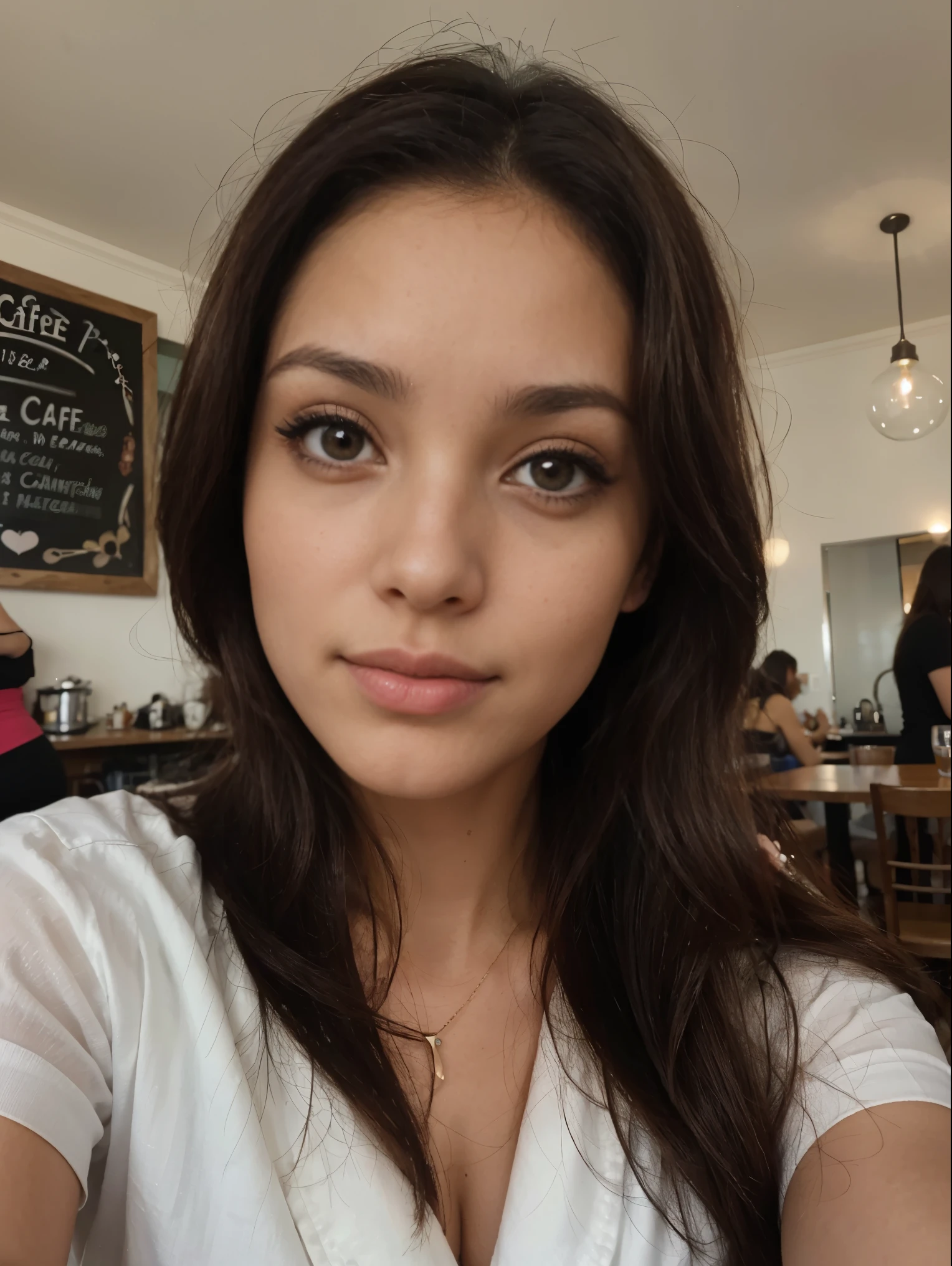 Foto de uma mulher morena de 25 anos, que tem um rosto muito natural,  labios finos, olhos finos, Sobrancelhas finas, nariz fino, brincos, Long eyelashes. She takes a cute selfie in a cafe