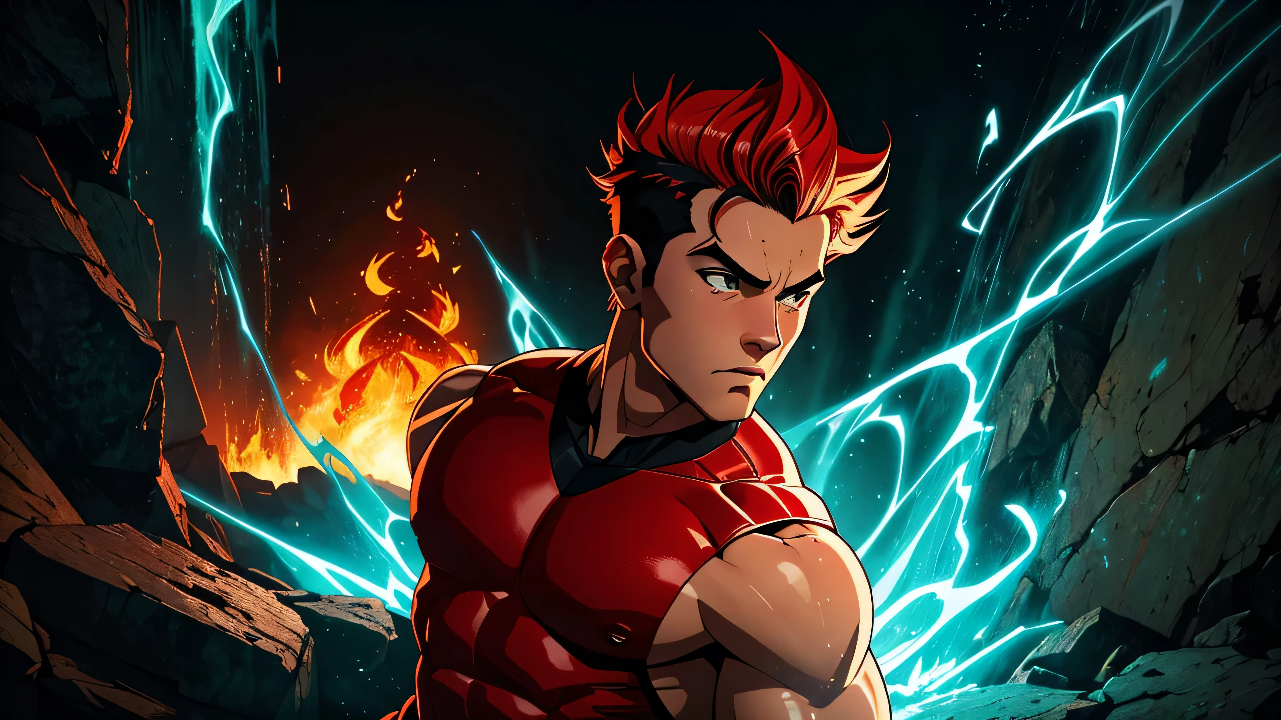 1 garoto de anime, obra de arte, melhor qualidade, ultra-detalhado,1 garoto, masculino, 18 anos de idade, red lighting, fogo, envolto em fogo por todo o corpo, fundo verde, Neon, branco hair branco