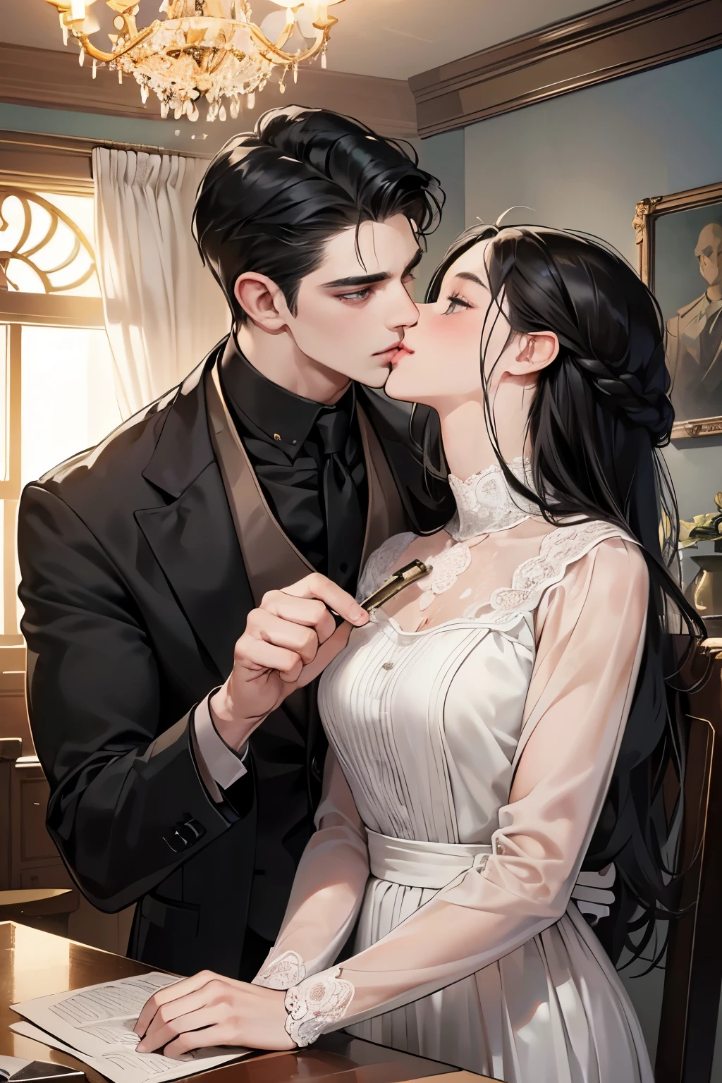 (table top, digital art, digital illustration, 4k, 8k, super detailed, beautiful images, clear image, realistic, RAW photo, perfect face, perfect lines, perfect eyes, soft lighting) 1 female, (long black hair,straight hair,bullish look,beautiful woman,woman wearing a suit,Make up well,23 is a novel,:1.3),secretary, Two handsome men in suits, (human,man wearing a suit,muscular,solid shoulder width, mens,boyish hairstyle,british gentleman's style,A man in his 30s with a cool expression,28 year old man with a bright smile:1.2),night office scene,antique furniture,antique clamp,antique chair,chandelier,party、couple、couple kissing、kiss、the kiss、romance、kiss
