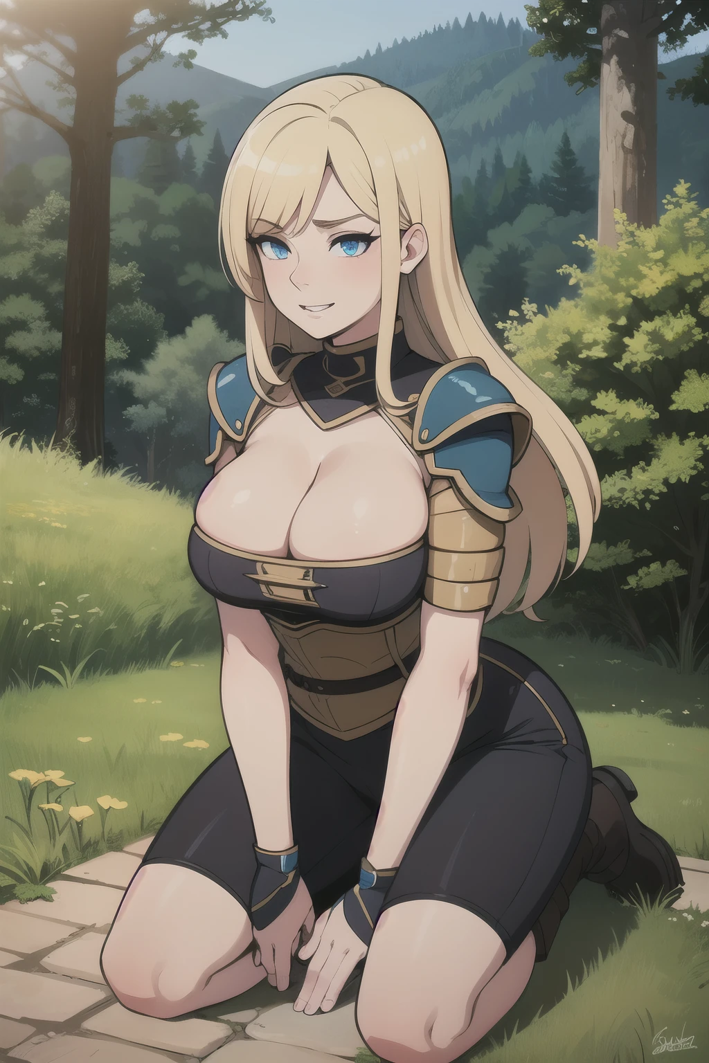 ((Best quality)), ((Masterpiece)), (detailed), perfect face perfect figure, Female Knight, Middle Ages, woman in knight&#39;s armor, blonde with blue eyes, One woman, In the forest, forest background, lots of bumpers, aged woman, kneeling, mischievous expression on his face