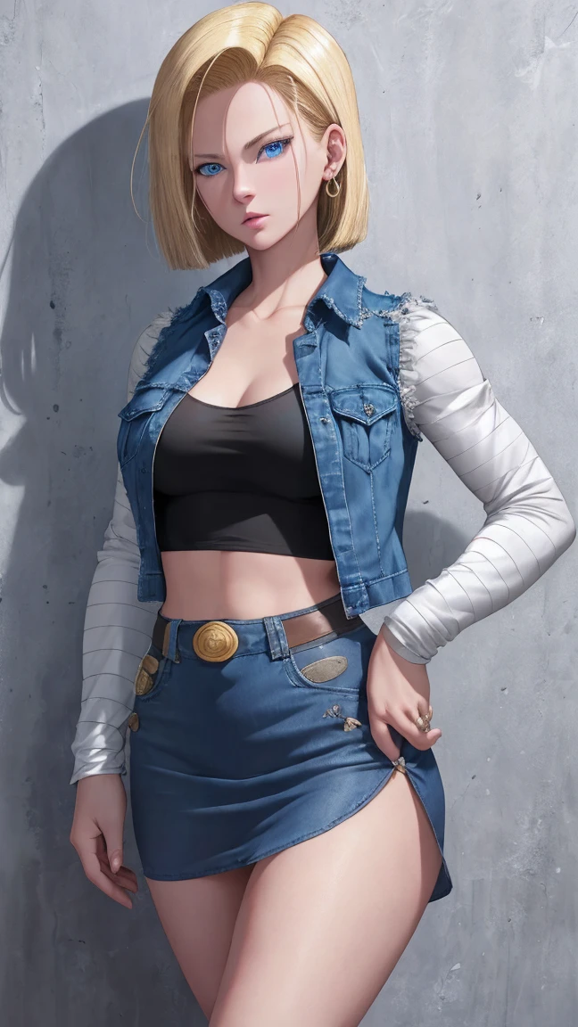 Realistic Android 18, Full Body, Blonde Hair, Blue Eyes, Eyelashes, Hoop Earrings, Short Hair, Earring, Black Sock, White Shirt with Black Stripes, Chest Pocket, Cleavage, Collarbone, Denim, Denim Skirt, Miniskirt high waist, detailed legs, jewelry, long sleeves, pocket, shirt, tucked in shirt, skirt, striped, striped sleeves, vest, correct hands, detailed slender legs. She walks towards the viewer. Whole body, (from below :1.3), fitting room,