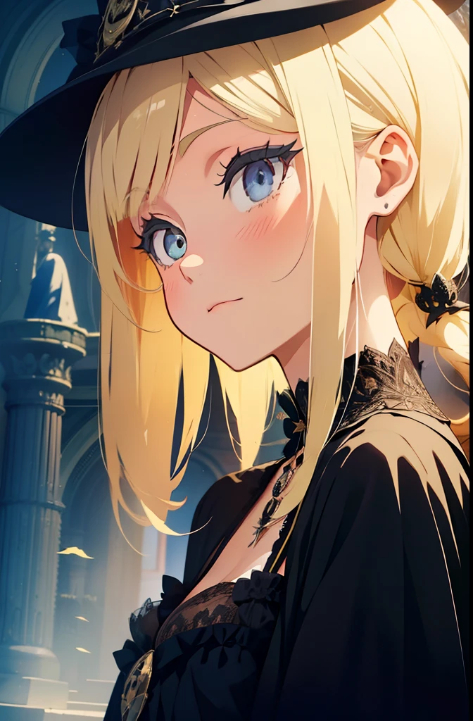 magia,Gothic magic style，hogwarts style，Blonde hair, Side face girl,A parrot on the shoulder,Black magic hat,Fantastic high quality。