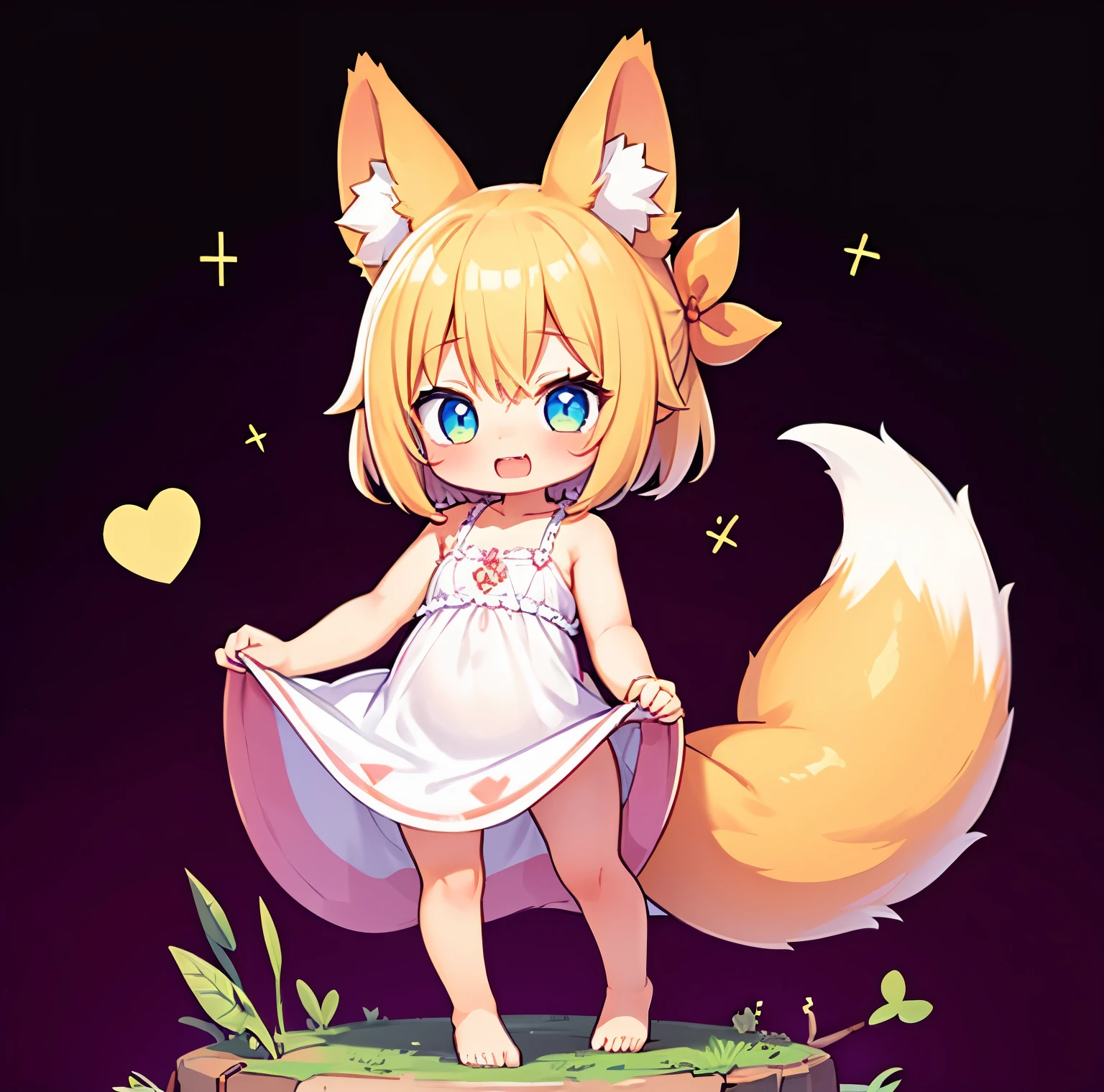 masterpiece、girl standing on top of the podium、A  who personifies a baby fox、  body shape、Little、fox ears and tail、testimonial、dress、A happy expression、Deformed cute picture、全naked、nude、naked、flat chest