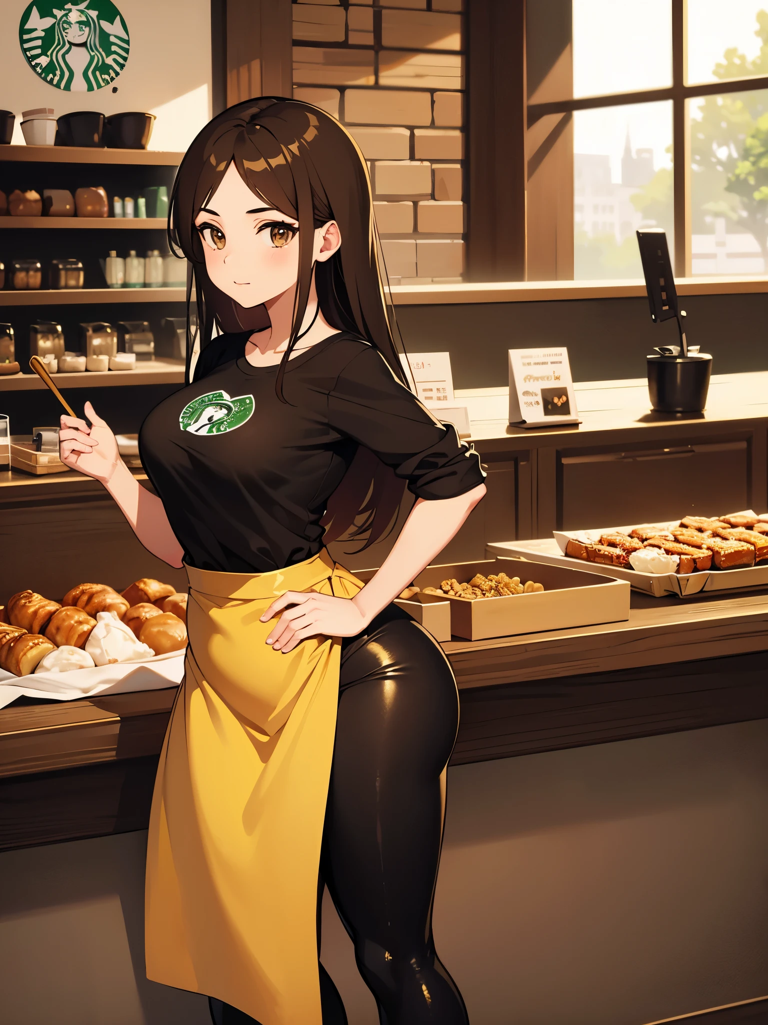 Cute Starbucks woman worker, Perfect body shape, Perfect legs, long gold hair, Brown eyes,black t-shirt, light brown apron, perfect breasts, standing in front, latina, leggins