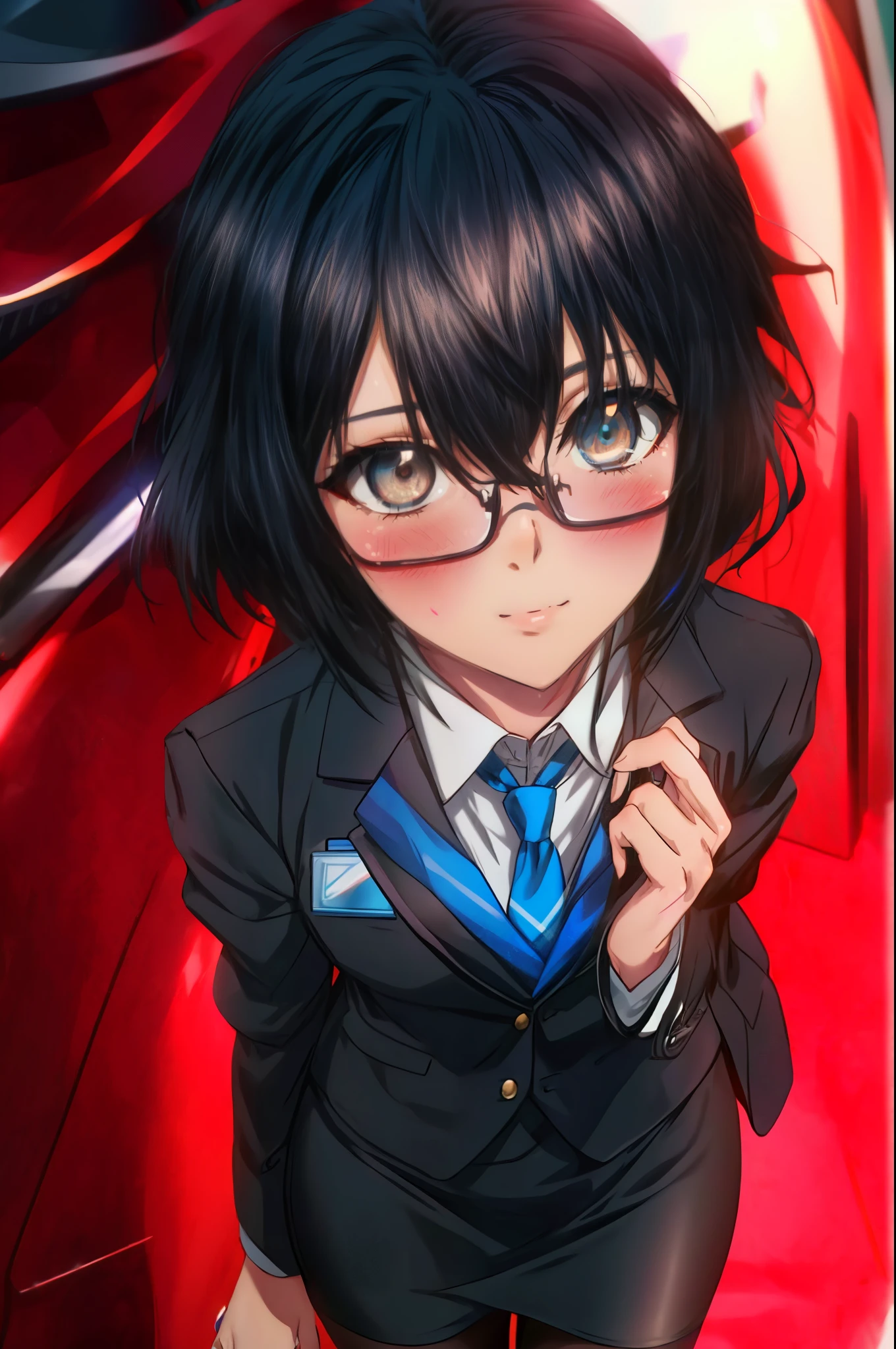 yukina, 1 girl, alone, , find, short hair, bangs, black hair, above the ribs, eyes between hair, brown eyes, OL, red glasses, end, black suit jacket, collared jacket, white dress shirt, collared shirt, neckline, button, strap, ID card on the neck, black pencil skirt, black pantyhose, stiletto heels,smile, blush, whole body, (cowboy shot:1. 5),(masterpiece:1.2), highest quality, High resolution, unity 8k wallpaper, (shape:0.8), (beautiful and detailed eyes:1.6), highly detailed face, perfect lighting, Very detailed CG, (perfect hands, perfect anatomy),