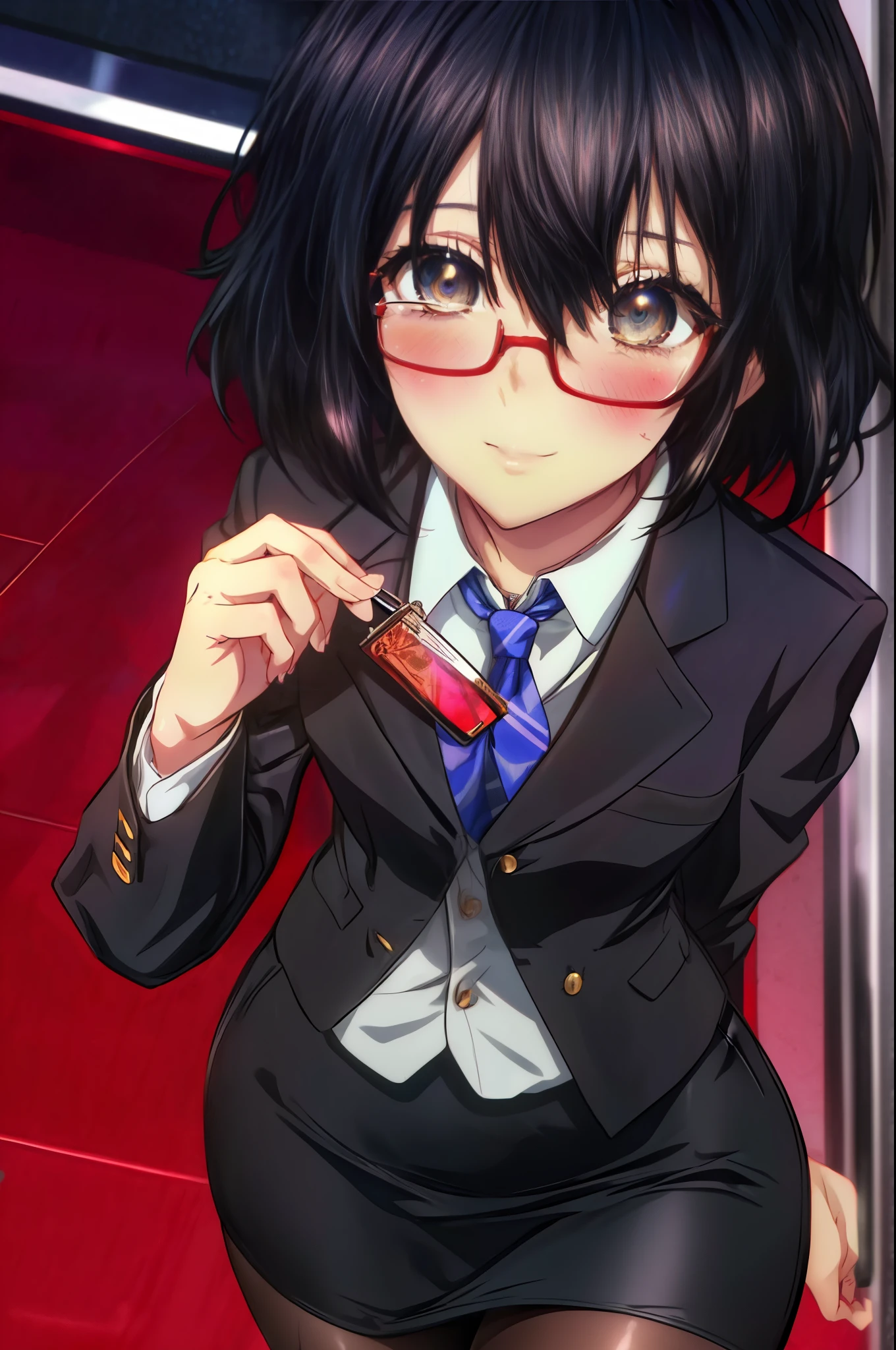 yukina, 1 girl, alone, , find, short hair, bangs, black hair, above the ribs, eyes between hair, brown eyes, OL, red glasses, end, black suit jacket, collared jacket, white dress shirt, collared shirt, neckline, button, strap, ID card on the neck, black pencil skirt, black pantyhose, stiletto heels,smile, blush, whole body, (cowboy shot:1. 5),(masterpiece:1.2), highest quality, High resolution, unity 8k wallpaper, (shape:0.8), (beautiful and detailed eyes:1.6), highly detailed face, perfect lighting, Very detailed CG, (perfect hands, perfect anatomy),